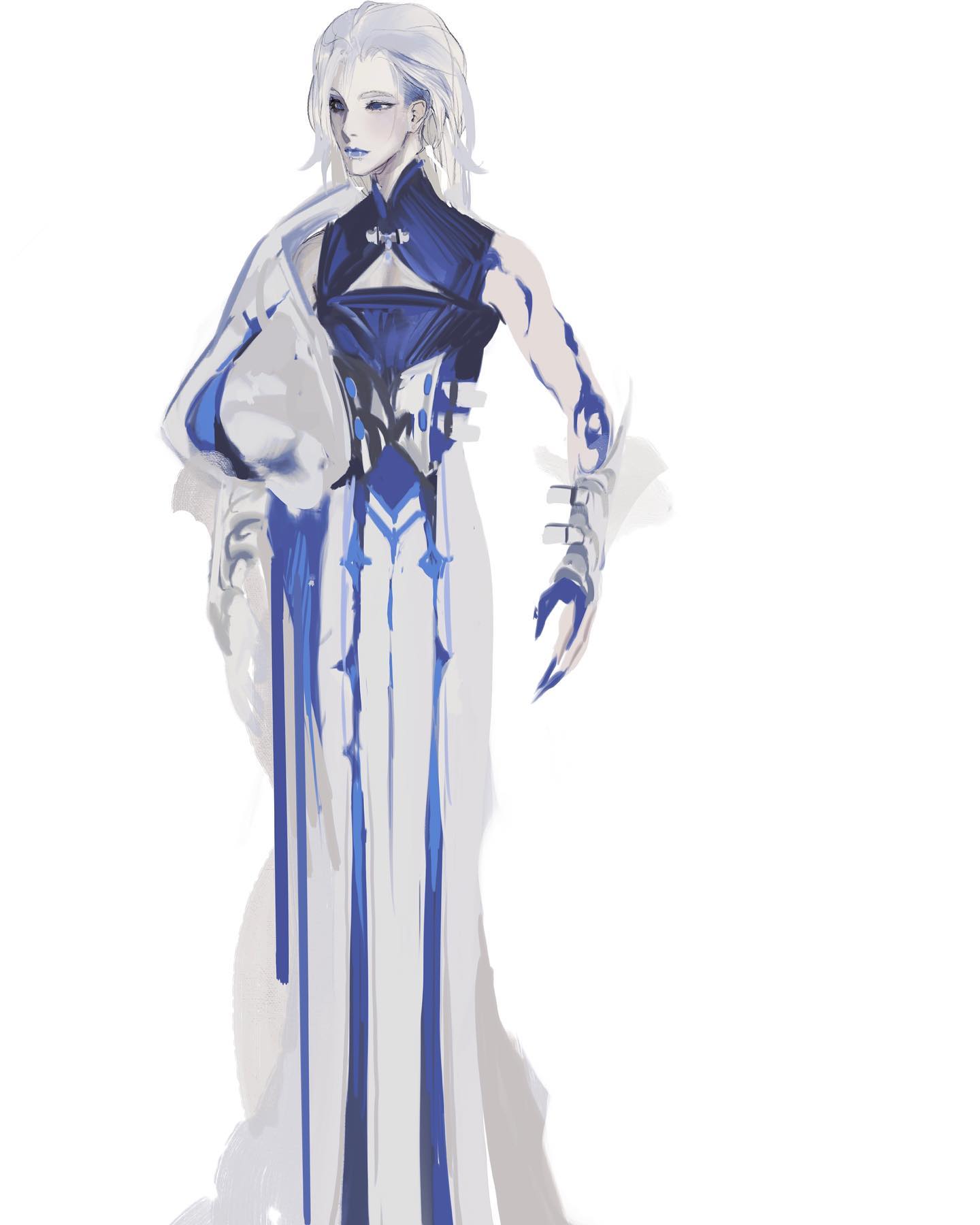 the image is a digital drawing of a woman with white hair and pale skin wearing an elegant blue and white outfit. the outfit features flowing fabric and intricate designs. the woman is standing against a white background with soft lighting, giving the image a dreamy and ethereal quality.