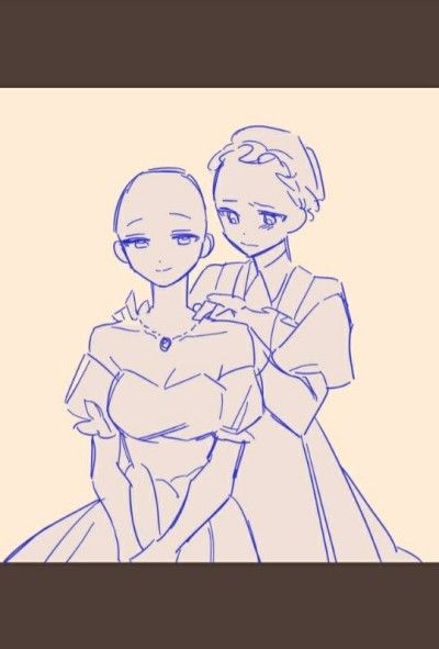 this is a sketch of two anime girls. the girl on the left is wearing a dress and the girl on the right has her hand on the girl on the left's shoulder. they both have a happy expression on their faces. the drawing is done in a blue lineart style and is a base for drawing.