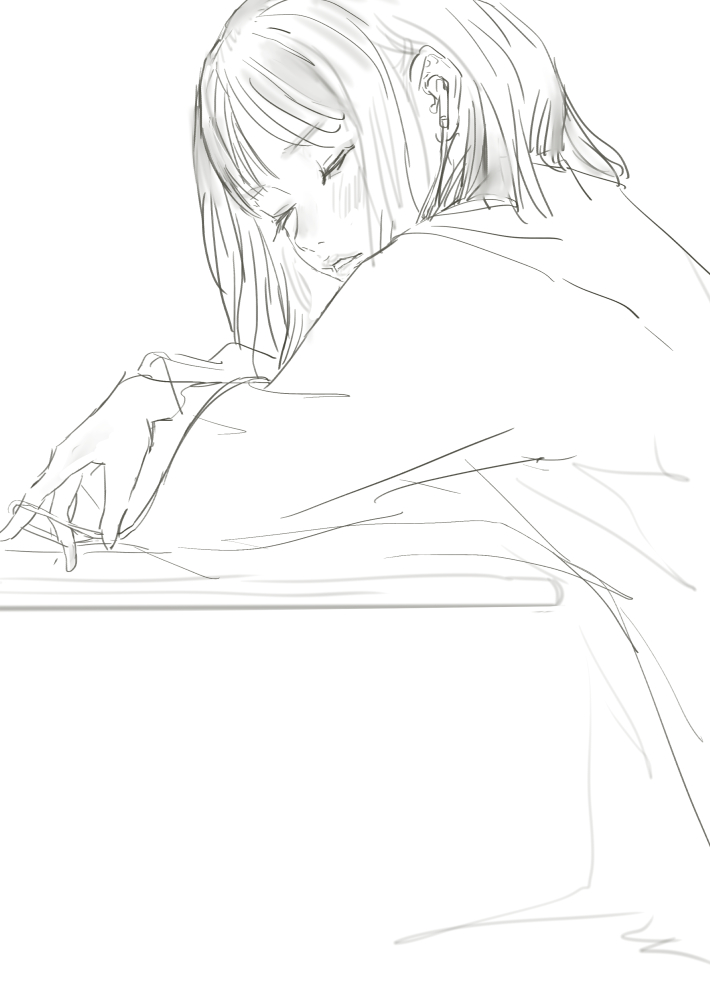 a drawing of a girl sleeping at a desk.