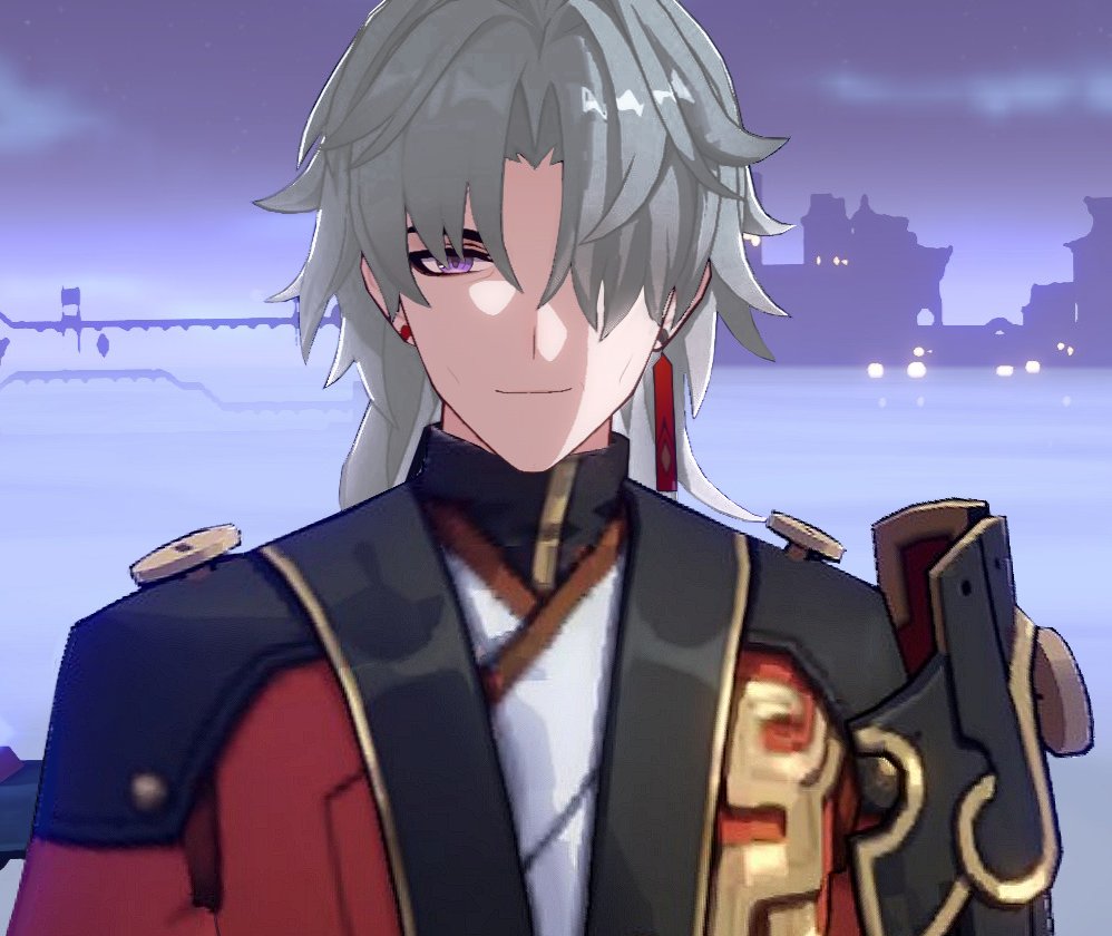 the image is a digital illustration of an animestyle male character. the character has white hair, purple eyes, and is wearing a red and black outfit with gold accents. he is holding a sword and has a confident and serious expression on his face. the background of the image is a blurred cityscape, suggesting that the character is a warrior. the image is likely from the video game genshin impact.