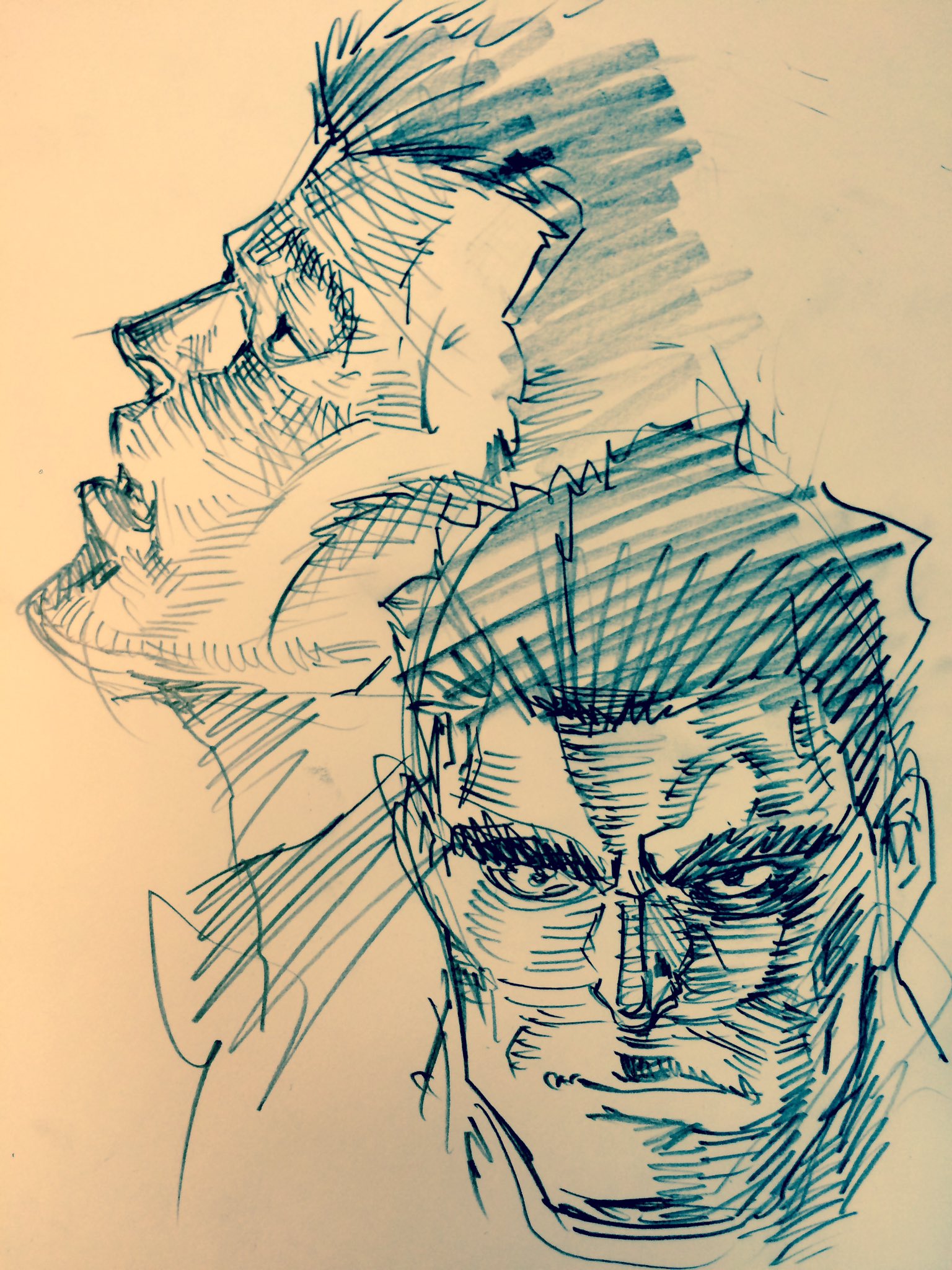 this is a black and white sketch of two men's faces in profile, drawn in a style reminiscent of comic book art. the detail is concentrated on the faces, with the bodies implied through a few loose lines. the upper figure's mouth is open as if in a shout, while the lower figure has a determined expression. the use of hatching and crosshatching adds depth and volume to the drawing.