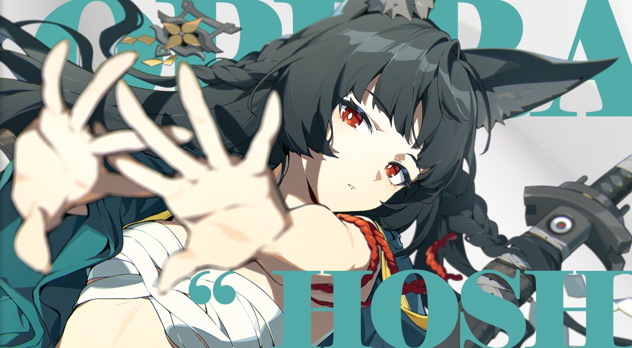 a digital illustration of jingliu from honkai: star rail. she has black hair with wolf ears, red eyes, and is wearing a teal and white outfit. she is holding up her hands, partially obscuring her face.  a katana is partially visible in the background. the words "opera" and "hose" are overlaid on the image in a teal sansserif font.  the style is dynamic and actionoriented, typical of anime and manga.