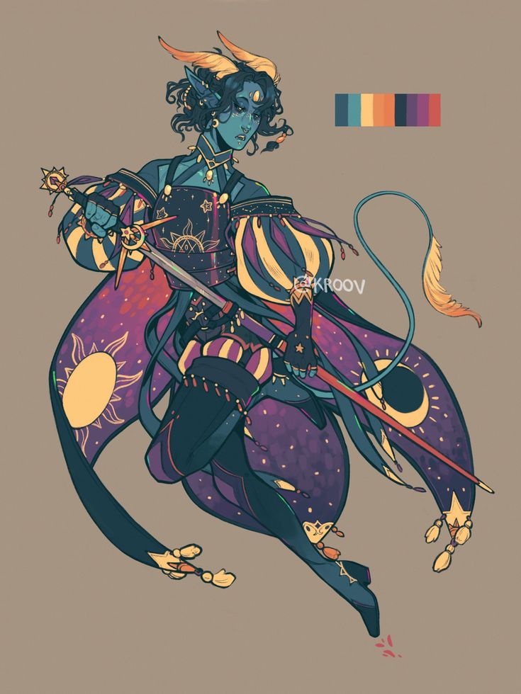 this illustration features a fantasy character with blue skin, horns, and a tail. they are dressed in a jester's outfit with a long, flowing cloak that features a pattern of stars, moons, and suns. the character is holding a sword in one hand and is posed in a dynamic, actionpacked stance. the overall artwork is vibrant and colorful, with a color palette that incorporates blues, purples, yellows, reds, oranges, and greens.