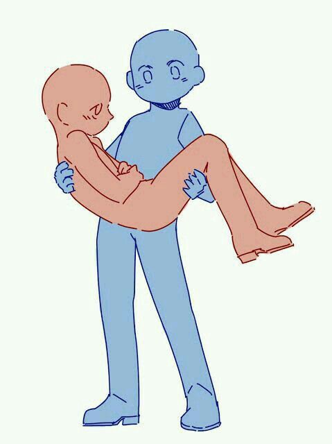 an animestyle illustration depicts a person carrying another person in their arms. the figure carrying is blue, while the other is peach. the figure being carried has their arms crossed, and the two are looking at each other. both characters have minimal detail. the background is plain.