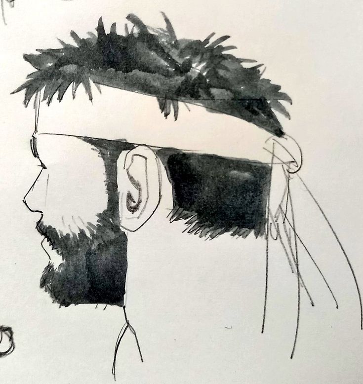 this is a black and white drawing of a man's profile. he has a beard, headband, and messy hair.  he's looking straight ahead.