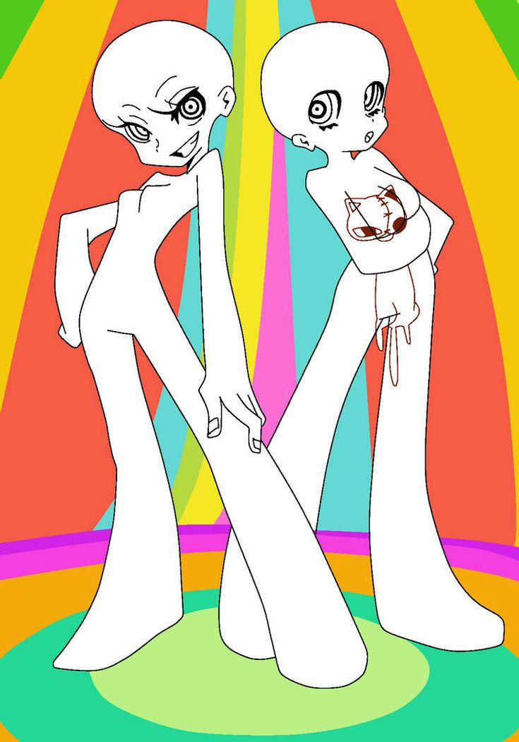 a black and white line drawing of two anime girls. the one in the front is posing with one hand on her hip and the other extended in front of her. she is looking at the viewer with an intense expression. the girl behind her is holding a cat in her right arm. her left hand is on her hip. her expression is more calm. they are both standing on a colorful floor.