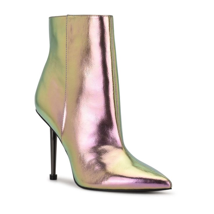 the image shows a single iridescent women's ankle boot on a white background. the boot has a pointed toe, stiletto heel, and a pastelcolored iridescent finish that shifts between shades of pink, green, and purple. the boot is made of what appears to be a metallic leather or synthetic material. the style is sleek and modern.