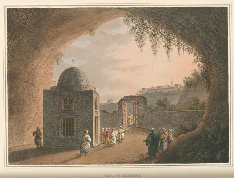the image depicts an old illustration titled "tomb of jeremiah." it shows a stone building with a dome, possibly a tomb, located within a cavelike entrance. several people are present, some entering through a gate in a stone wall, and others gathered near the entrance. in the distance, a city can be seen on a hill. the scene suggests a historical and religious context.