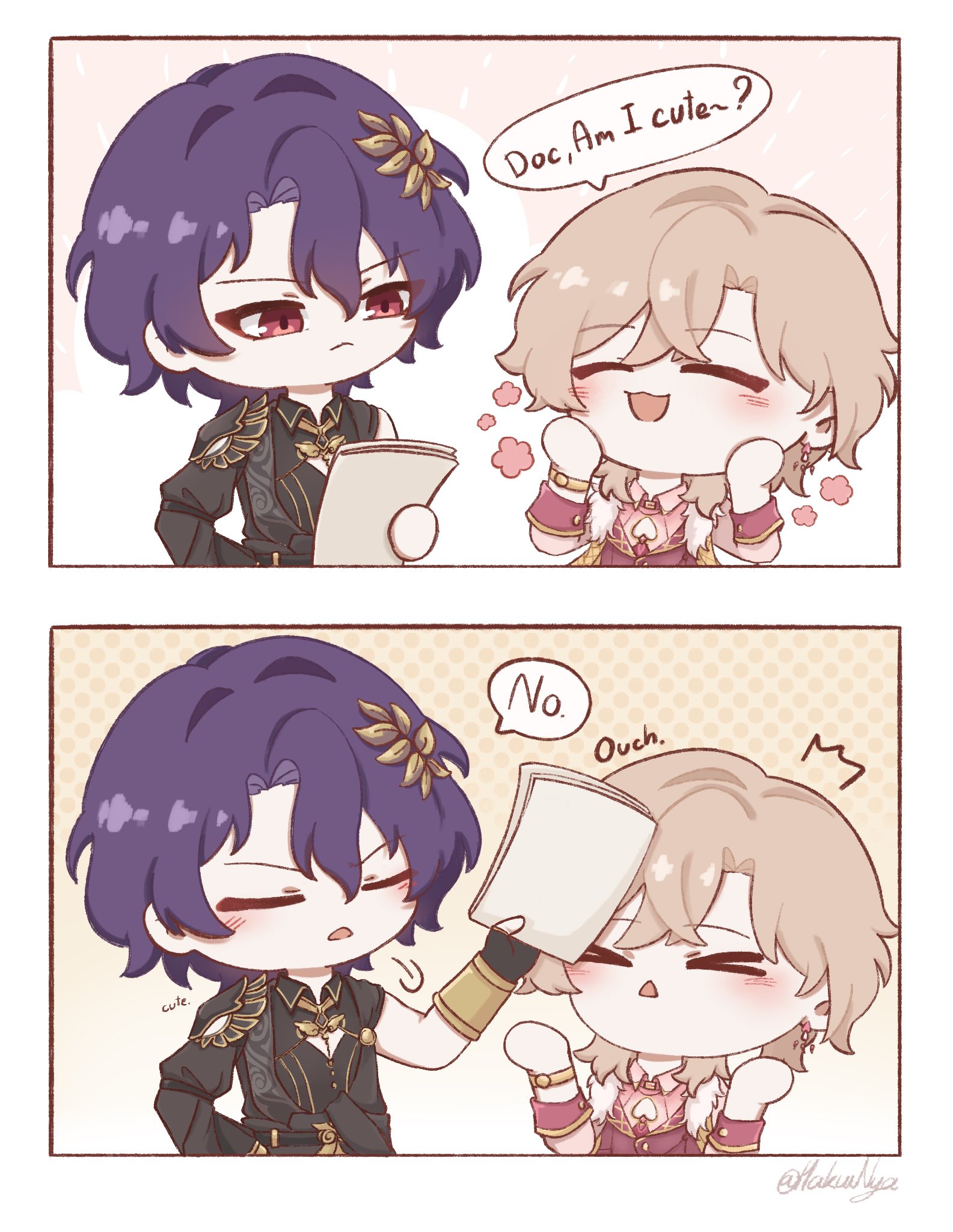 the image is a comic strip that depicts a cute anime boy and girl. the boy is in a black and gold outfit with purple hair and is asking if he's cute. the girl is in a pink and white outfit with blonde hair and looks flustered as the boy is trying to make her look at a document. the boy is holding a document in front of the girl's face and the girl is putting her hands up in front of her face. the girl looks like she's trying to block out the boy. the word 'no' is in a thought bubble over the boy's head. the boy has a confused and embarrassed expression on his face. the girl has a scared and surprised expression on her face. the girl is blushing and looks flustered. there is a speech bubble coming out of the boy's mouth that says 'doc, am i cute?' there is a speech bubble coming out of the girl's mouth that says 'ouch'. the comic is set in a yellow background with some dots. the art style is cute and cartoony.