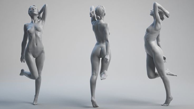 the image shows three different poses of the same female nude 3d model, set against a plain grey background. the poses are graceful and artistic, reminiscent of classical sculptures. the lighting is soft and diffused, highlighting the contours of the body.  the overall aesthetic suggests an artistic study of the female form.