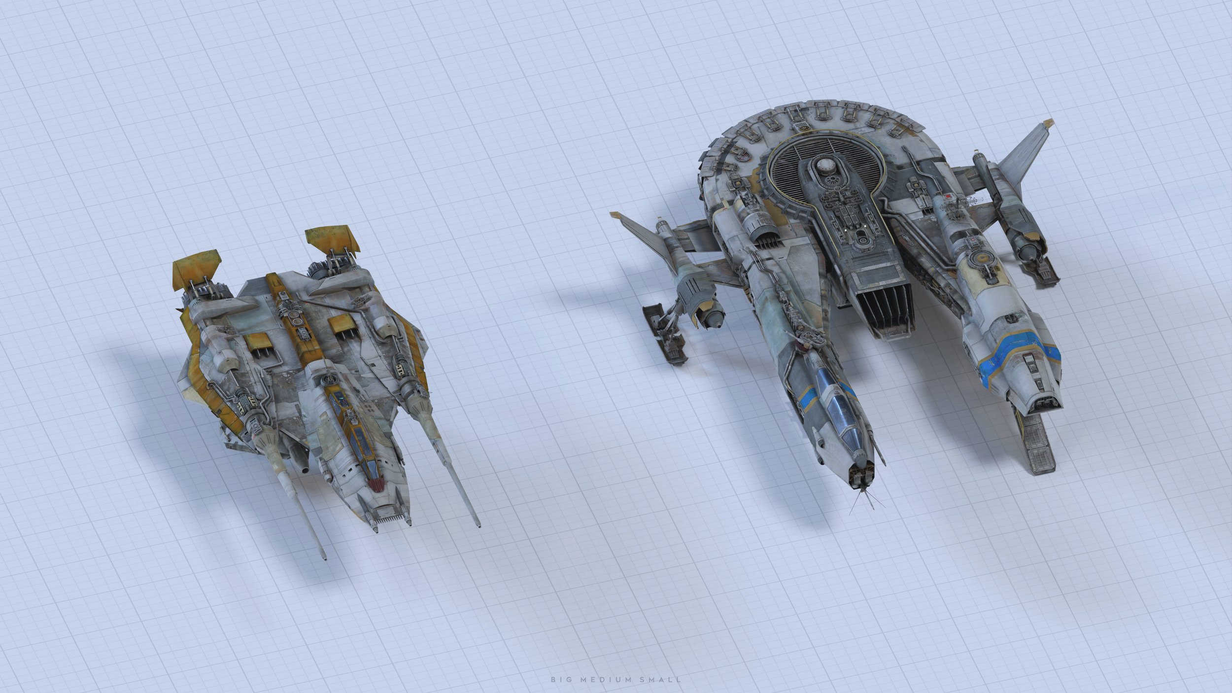the image displays a 3d rendering of two spaceships against a gridded background. the larger ship is centrally located and appears more complex in design with a circular main body and extended wings, sporting a weathered and distressed color scheme of gray, blue, and yellow. the smaller ship is positioned to the left and features a more streamlined, fighterlike design, with similar weathering and a similar color palette.  the background suggests a blueprint or design workspace.  the text "big medium small" is faintly visible near the bottom center, indicating a potential size comparison between the two spacecraft.