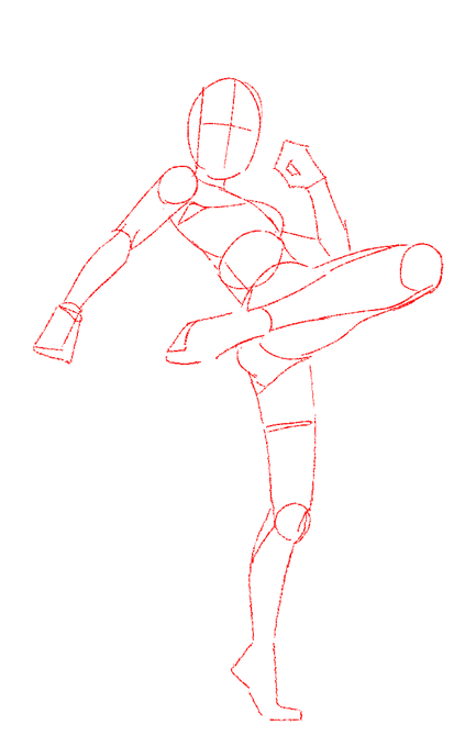 a red sketch of a female figure delivering a high kick. the figure is drawn in a simplified, cartoon style with basic shapes and lines indicating the body's position.  this is commonly used as a starting point for artists to build more detailed drawings.