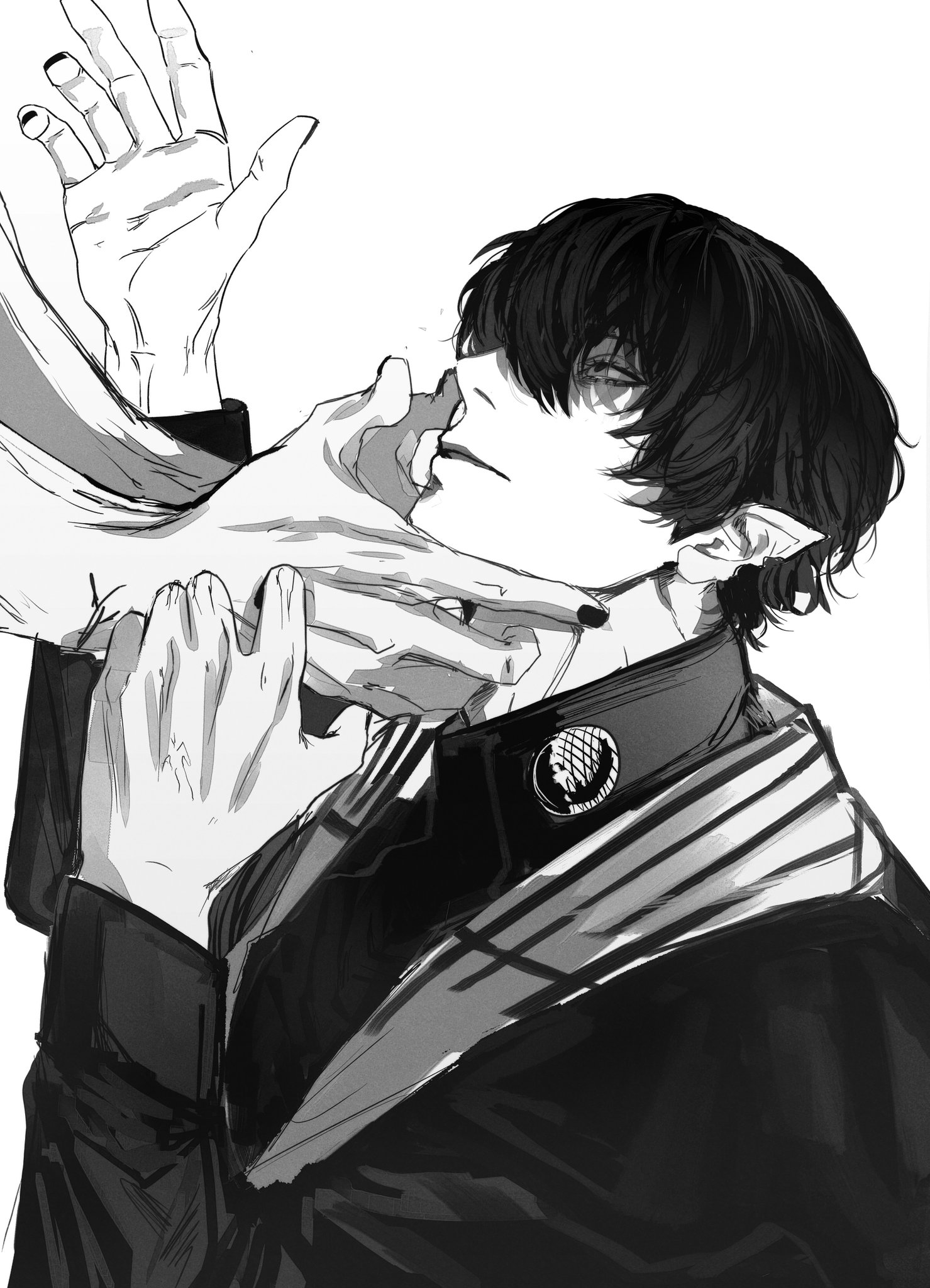 this is a black and white anime drawing of a man holding a hand to his face. the man is depicted as dark and mysterious with a serious expression. he is dressed in a suit and has dark hair that falls over his eyes. his hand is placed on his jaw with his fingers close to his mouth. the background is white. the image is very dramatic, and the pose is intense.