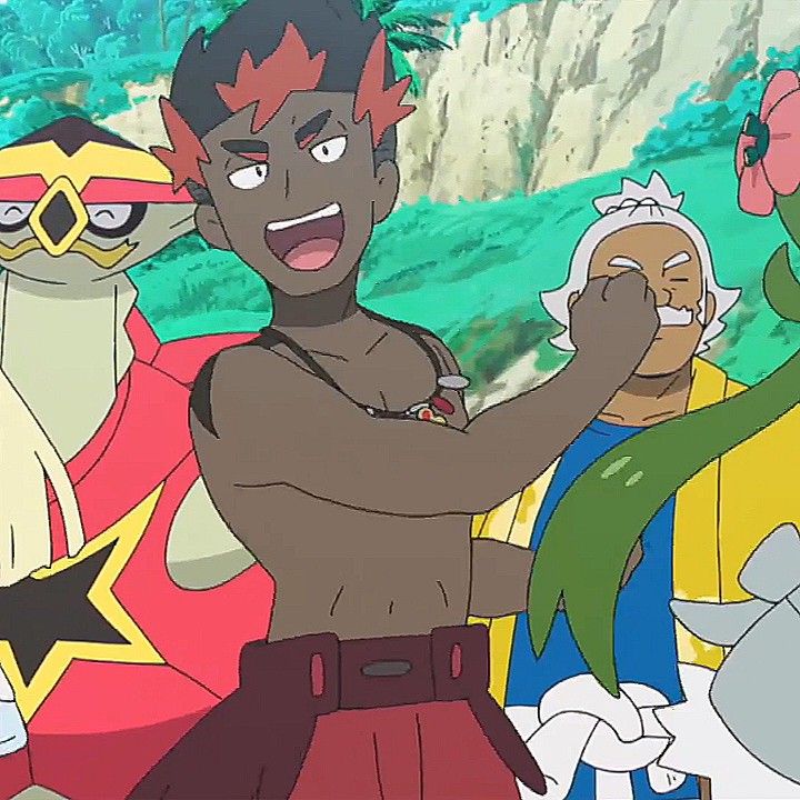 an anime character, a male human, is shirtless and smiling with his fist raised up as if he is celebrating something. he is surrounded by other characters from the pokemon anime, including one in the background to the left, who is wearing a red shirt with a large yellow star on the front, and one to the right, who is older and wearing a yellow robe and blue shirt. the character in the center is giving a fist bump with the older man, and another character, who is an arm with a green leaf, is wrapping around the man in the yellow robe. there are green plants and flowers in the background.