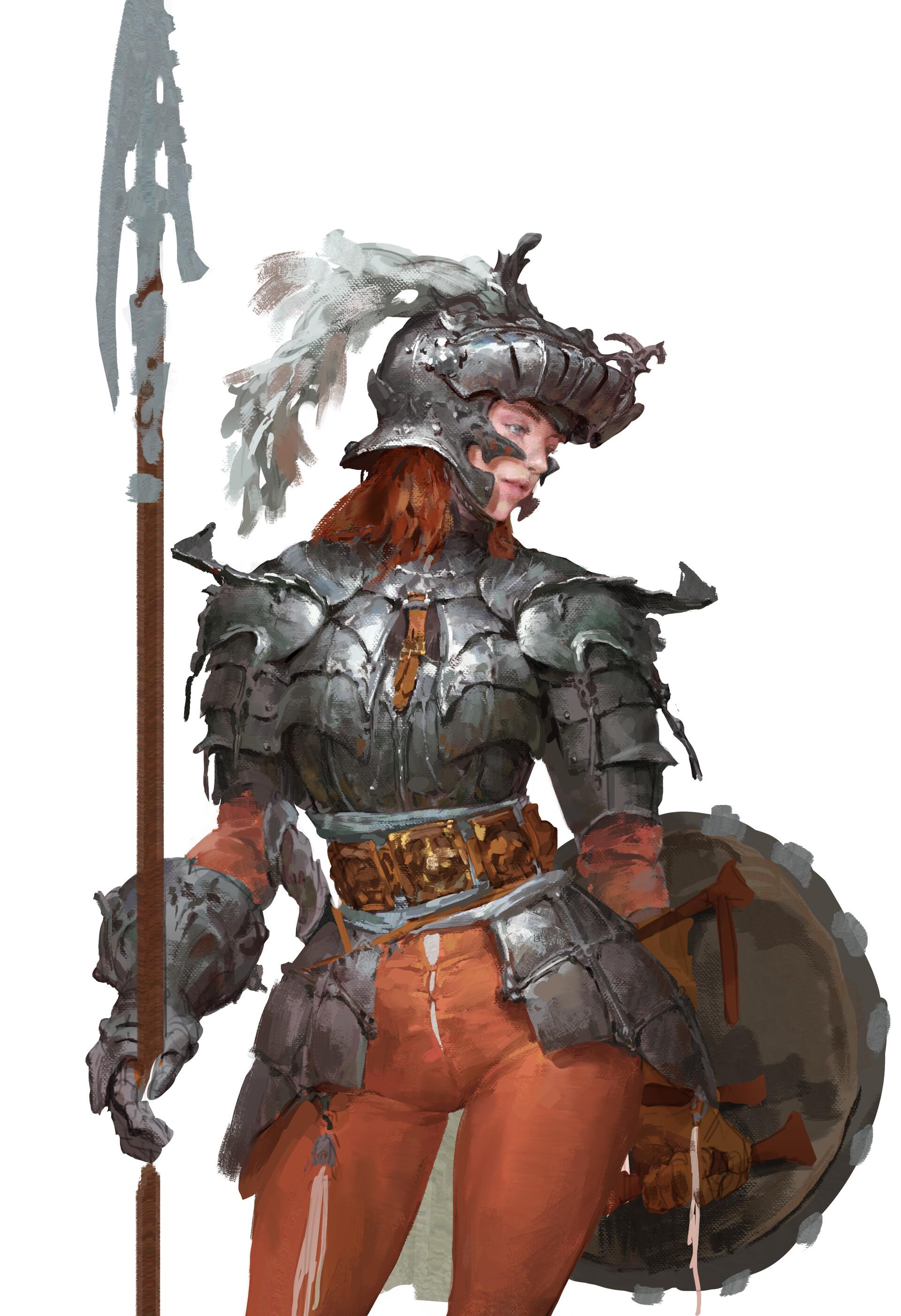 the image is a digital painting depicting a female knight in detailed medievalstyle plate armor.  she has long, reddishbrown hair partially visible beneath her helmet, which is adorned with a plume. her armor is dark gray/metallic with bronze accents, appearing somewhat worn or battledamaged. she carries a long spear and a large, round shield, suggesting readiness for combat. the knight’s clothing under the armor is a vibrant orange. the overall style of the art is reminiscent of fantasy illustrations, possibly concept art for a game or book. the background is a plain white, focusing attention solely on the warrior.