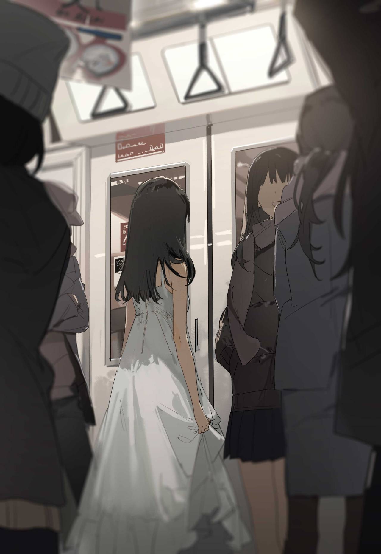 illustration of a woman in a white dress on a subway train, surrounded by other people.