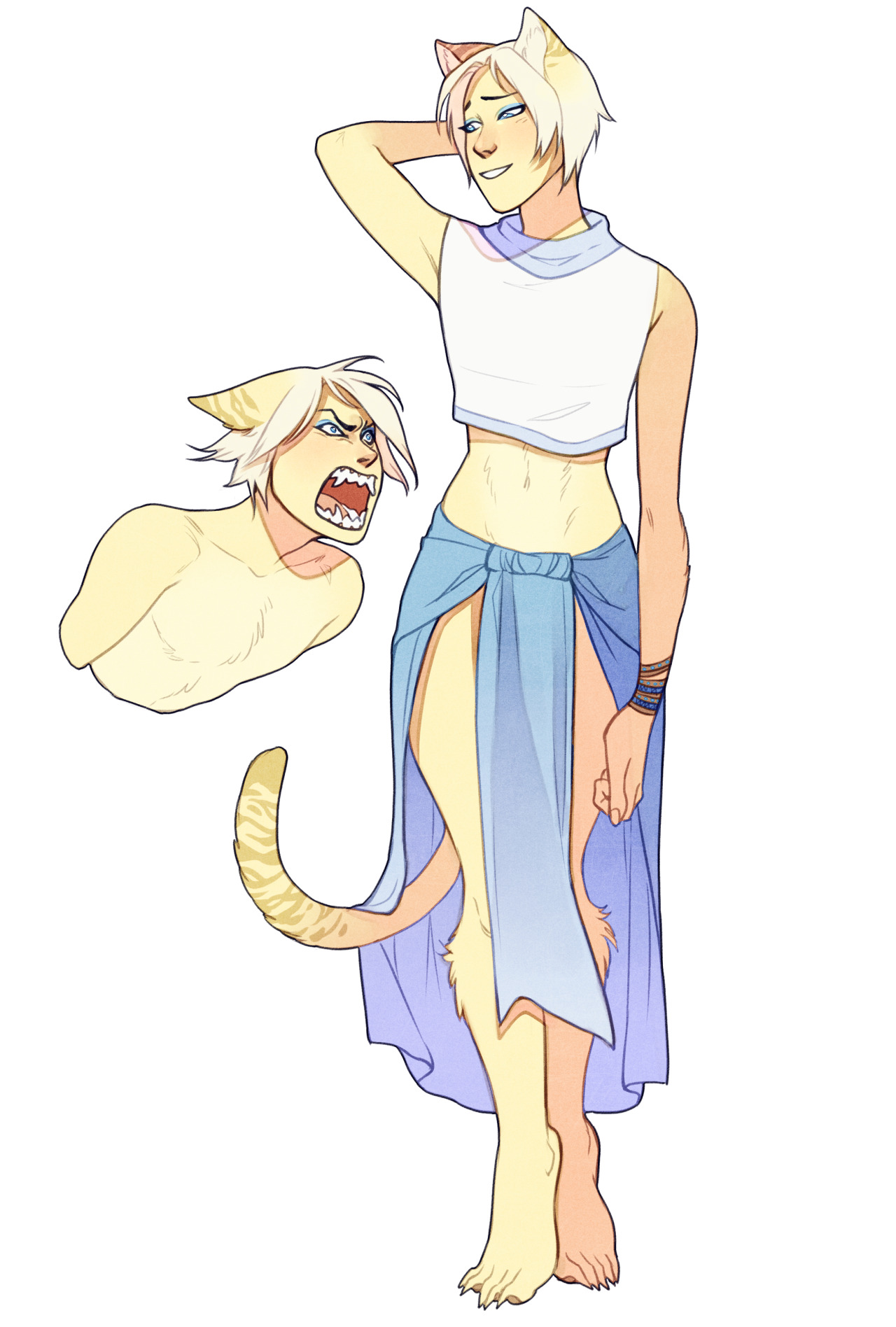 a digital drawing of an original catboy character with a smirking expression and a dynamic pose. he has short white hair, blue eyes, and cat ears.  a small bust beside his head shows him baring sharp teeth in a fierce expression. he wears a white cropped halter top and a long blue saronglike garment that flows behind him. he has a gold bracelet on one wrist. his tail is orange and striped like a tabby cat's.  the line art is black and the colors are soft and pastel. the background is white.
