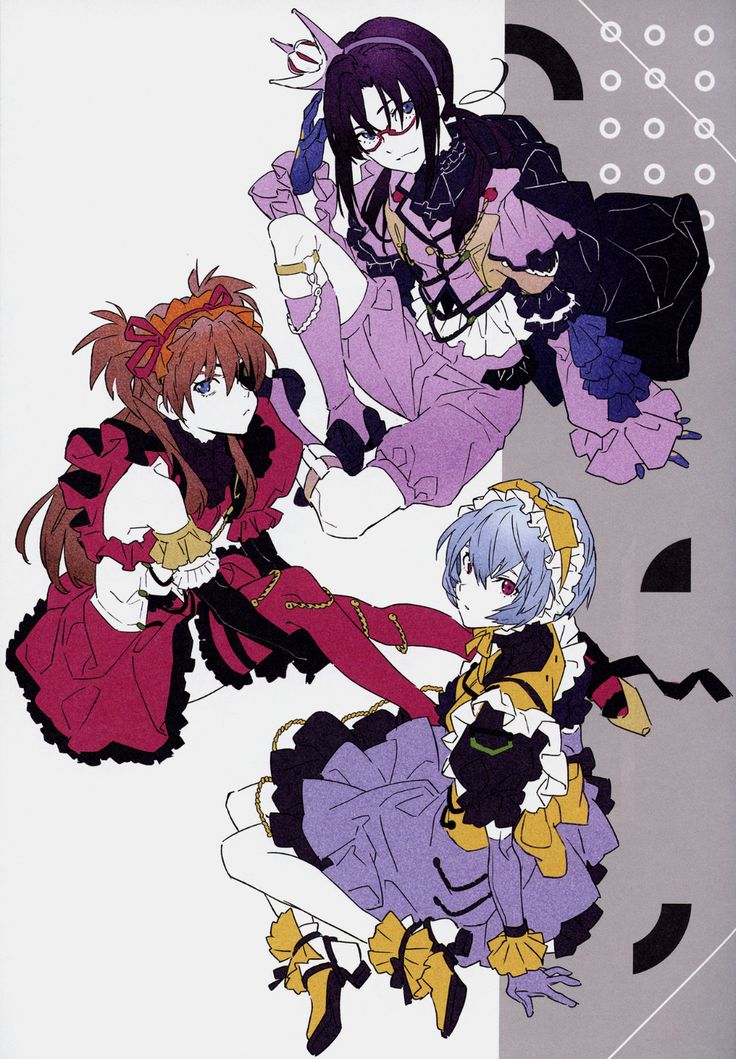 this image is a vibrant and stylish piece of fanart featuring three iconic characters from the anime series neon genesis evangelion: rei ayanami, asuka langley soryu, and kaworu nagisa. each character is depicted in a unique and elaborate outfit; rei in a purple gothic lolitainspired dress, asuka in a red maid outfit, and kaworu in a purple and yellow maid dress. the artwork is filled with detail and features a playful blend of gothic and cute elements, creating a visually captivating piece. the dynamic poses and expressive eyes of the characters further enhance the artwork's overall appeal. the background is minimalistic, allowing the characters and their costumes to take center stage. the overall style suggests a contemporary interpretation of the classic characters, showing off a more modern and stylish side to each of their personalities. the piece showcases a high level of artistic skill, from the character design to the intricate details in the clothing and background elements.