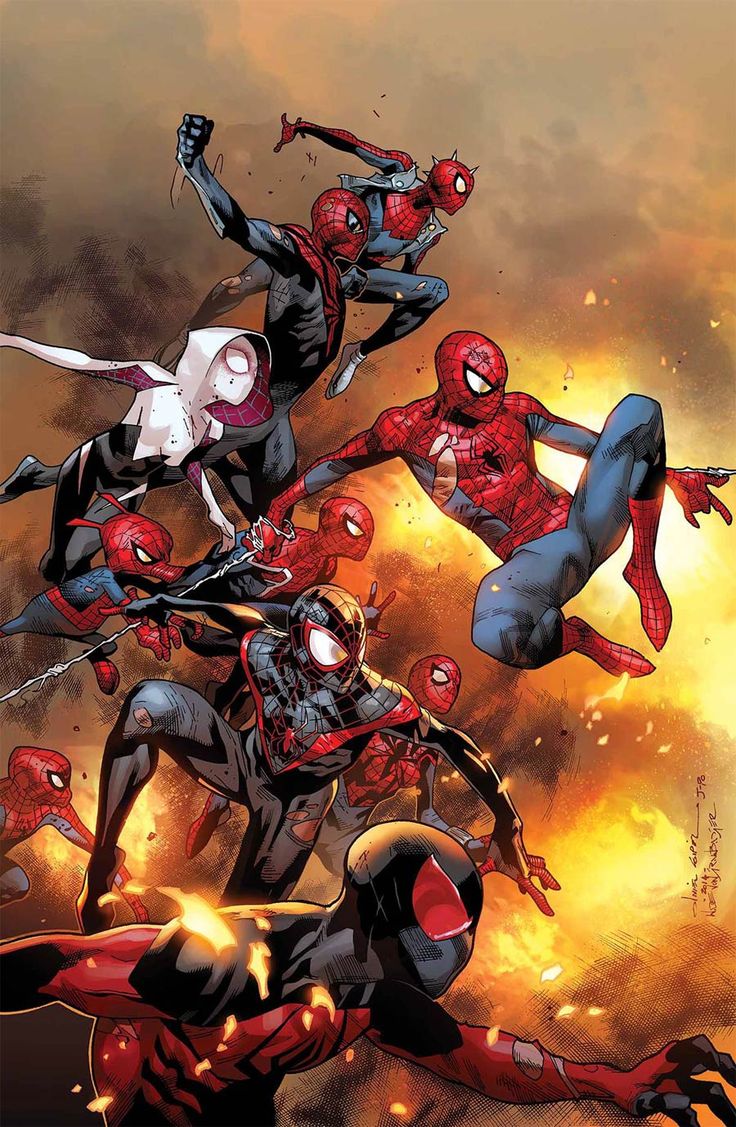the image is an illustration of a group of spiderman characters in a comic book style. the characters are all in their distinctive costumes. the characters are fighting against an unseen enemy. the background is a fiery blaze of color, which suggests that the scene is taking place during a battle. the image is full of action and excitement, and is sure to appeal to fans of spiderman.