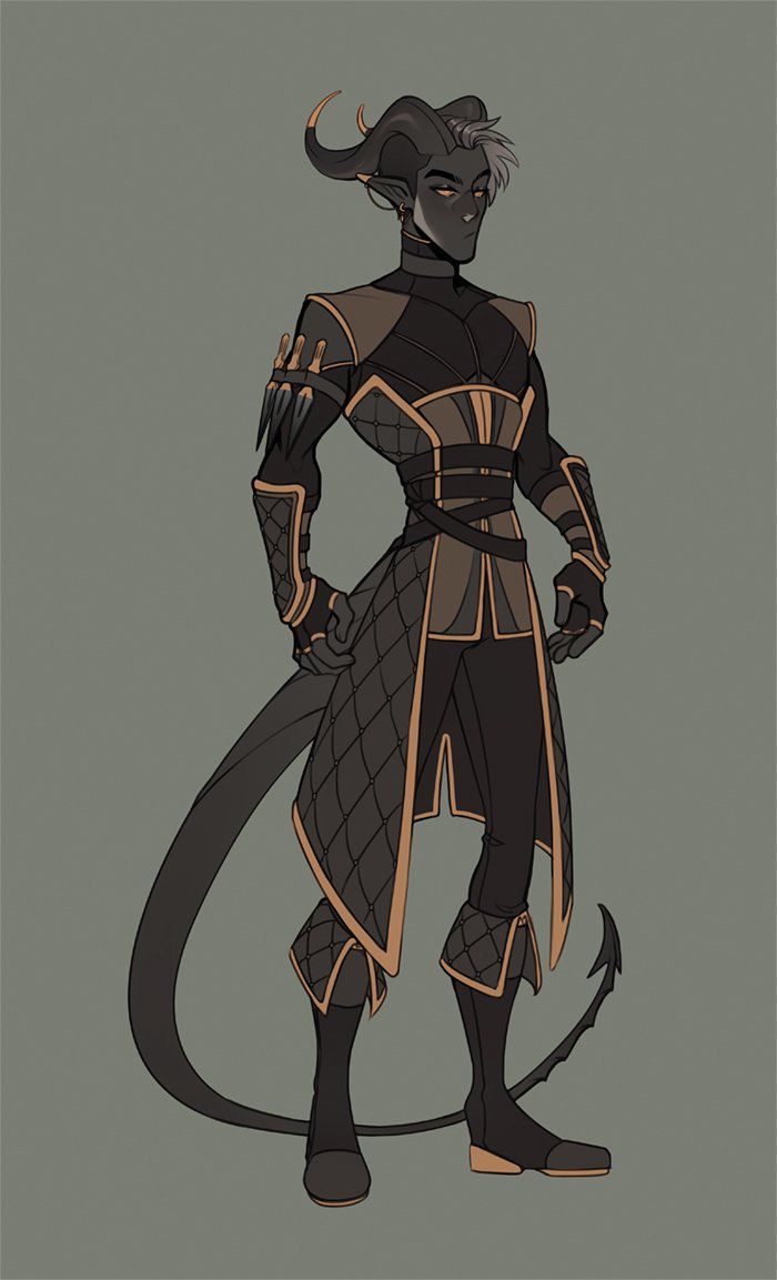 a digital illustration of a male tiefling character wearing black leather armor and a gold trimmed cloak. he has horns and a tail.