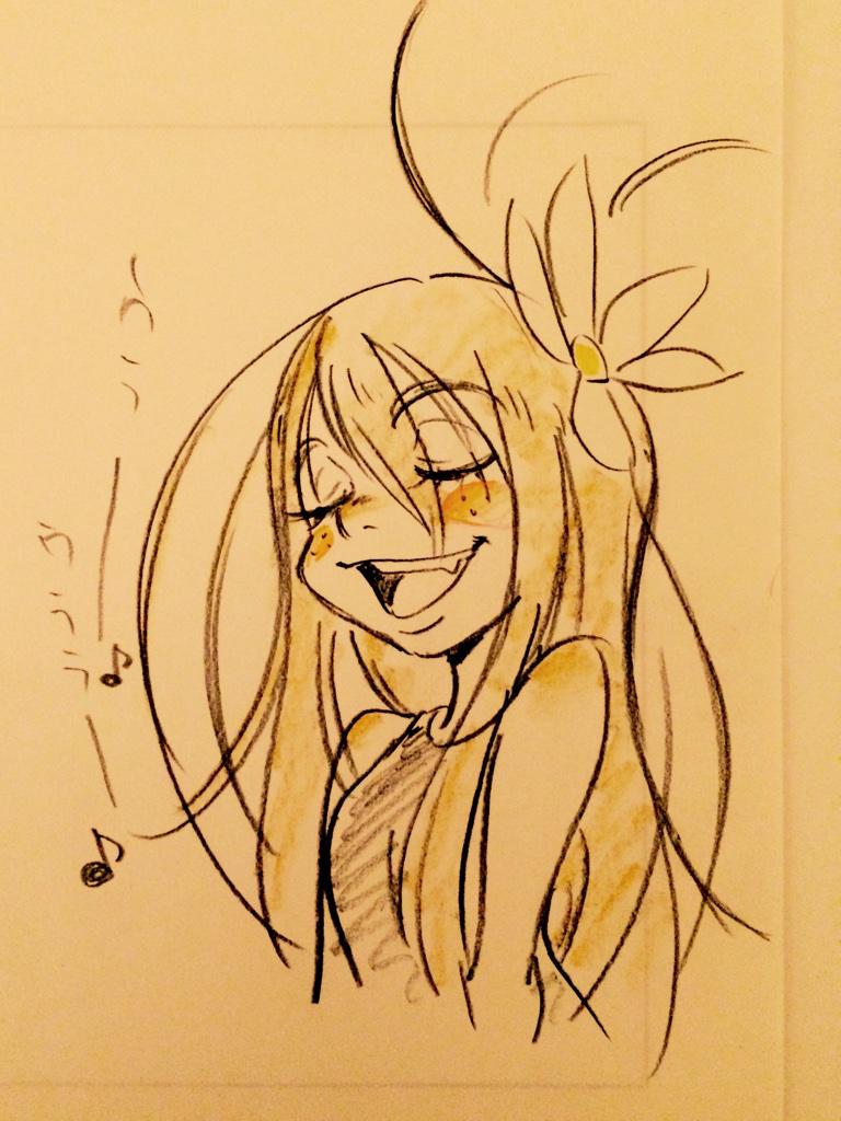 a simple sketch in colored pencil of an anime girl with long, blonde hair and freckles. she has a large flower in her hair. her eyes are closed and she is smiling, as if singing.
