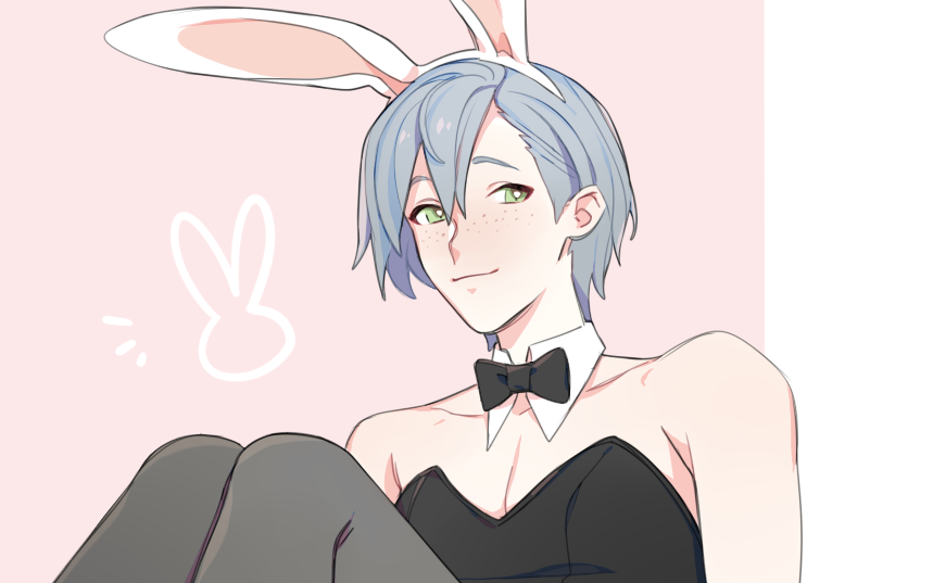 a cartoonstyle drawing of a man wearing a black bunny bodysuit with a bow tie, bunny ears, and grey leggings. he has light blue hair, green eyes, and freckles. the background is pink with a white bunny outline.