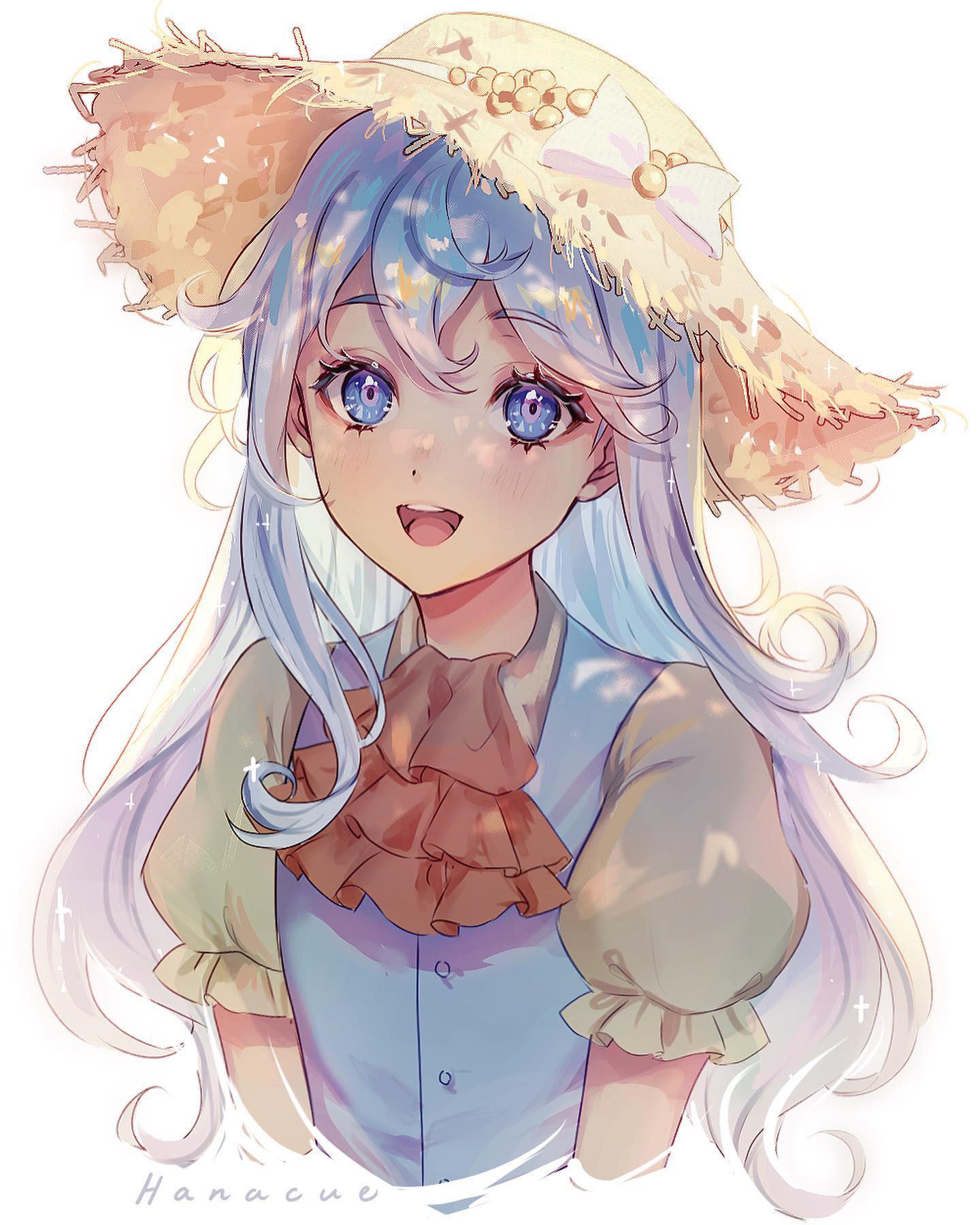the image is a digital drawing of a cute anime girl. she has long, wavy white hair and large, bright blue eyes. she's wearing a light blue dress with ruffles and a matching brown bow.  the girl is also wearing a large, light brown straw hat adorned with small yellow beads. her expression is happy and cheerful. the art style is soft, with pastel colors and a focus on light and shadow to create a dreamy atmosphere.  the artist's signature, "hanacue," is visible in the bottom left corner. the background is a simple white.