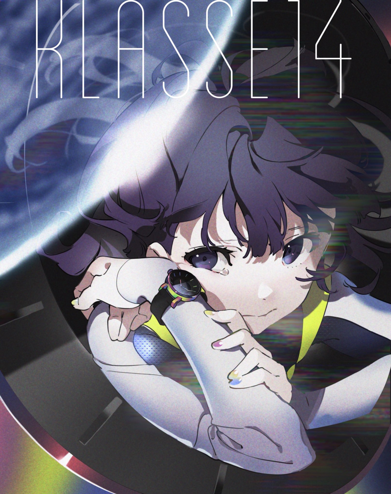 the image showcases a young girl, drawn in an anime style, with dark purple hair and tearfilled violet eyes. she is positioned within a circular frame resembling a watch face, suggesting a theme of time. her sorrowful expression hints at a melancholic narrative. the background blends cosmic imagery with digital glitches, adding a layer of mystery and perhaps hinting at a futuristic setting. the lighting is soft yet dramatic, emphasizing the girl's emotional state.