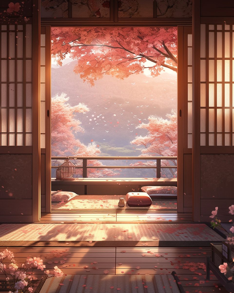 the image showcases a serene indoor scene with a traditional japanese sliding door wide open, revealing a breathtaking view of cherry blossoms in full bloom. the warm glow of the setting sun bathes the scene in a soft light, highlighting the delicate pink petals falling gracefully from the trees.  the balcony, complete with cushions and a low table, invites peaceful contemplation amidst the beauty of nature. the overall atmosphere exudes tranquility and a sense of harmony with the natural world.