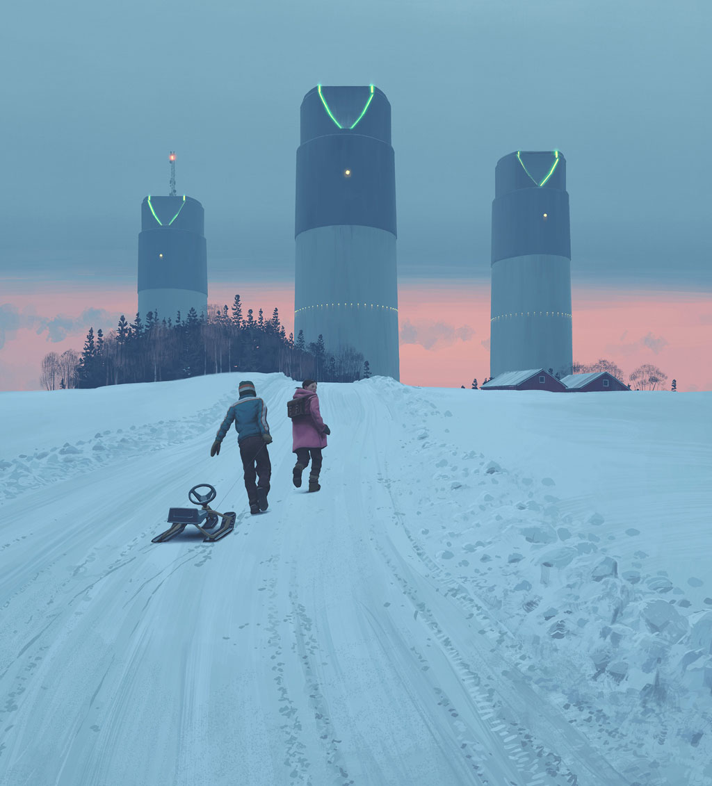 two people walk across a snow covered field towards three industrial silos in the distance. the sky is a pale pink and purple at sunset.  the person in the lead is pulling a sled behind them.