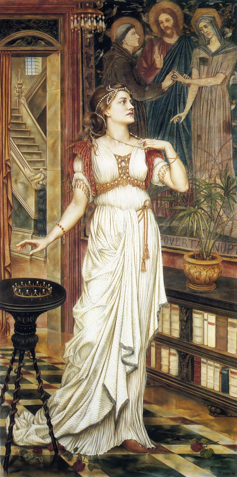 a painting depicting a woman in a white dress and jewelry standing in a room with various objects. a crown sits on a table next to her. behind her is a tapestry depicting religious figures. a bookshelf filled with books and a plant in a pot are also visible. a doorway leads to a staircase in the background.