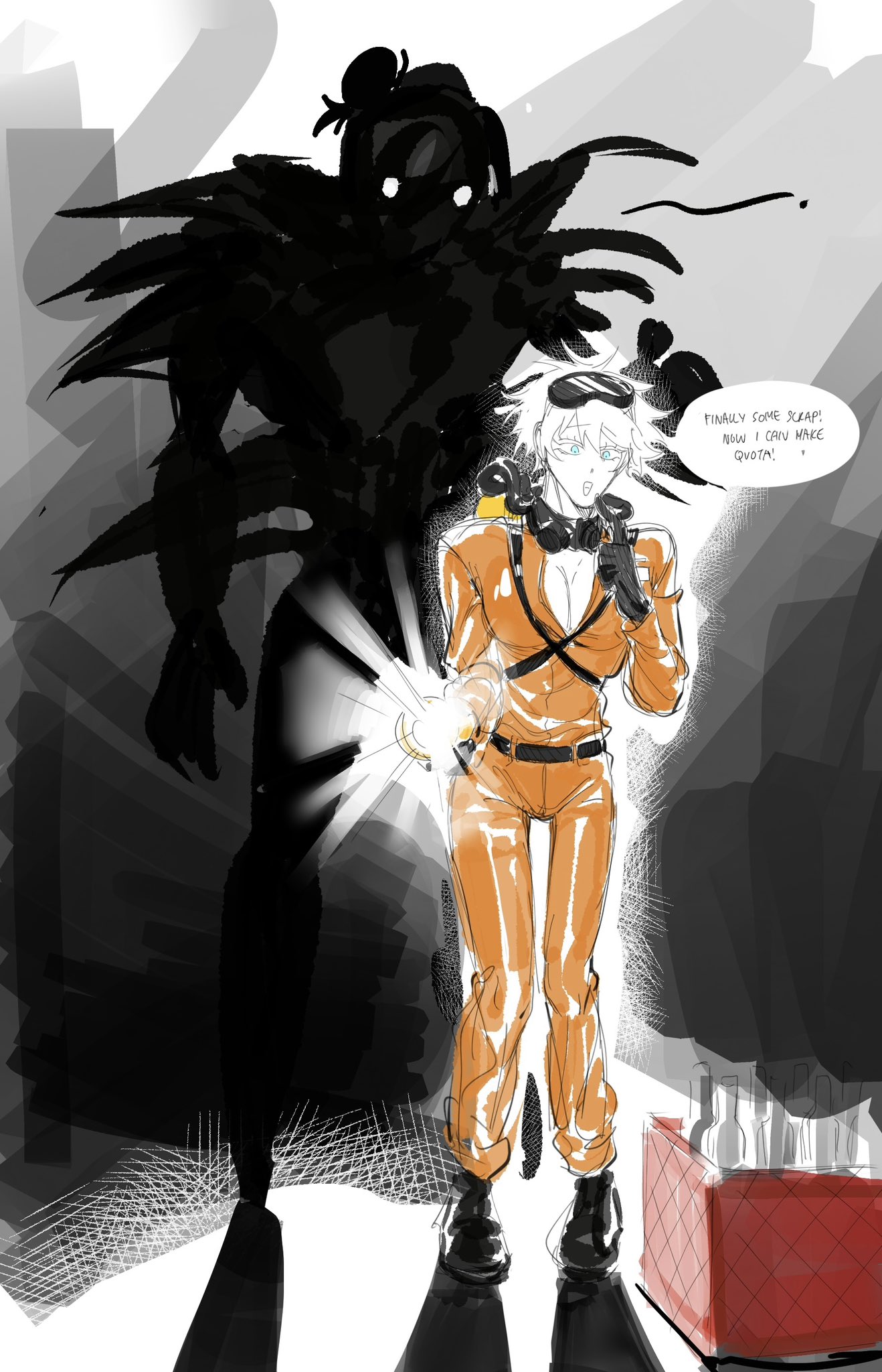 the image is a digital illustration or drawing that appears to be a scene from a comic book or graphic novel. it depicts a stylized figure in an orange jumpsuit holding a flashlight, seemingly searching for something. behind them, a large, shadowy figure looms. the overall tone is dark and mysterious, with contrasting light and shadow effects. the art style is unique, combining elements of anime or manga with a more rough, sketchlike quality. the scene seems to take place in an urban environment, possibly an alleyway at night. there's a box of bottles near the figure in the orange jumpsuit, indicating a possible scavenging or recovery situation. the text bubble suggests the figure in the orange jumpsuit is looking for scrap. the style is dynamic and expressive, using bold lines and contrasting colors to capture a sense of atmosphere and narrative.