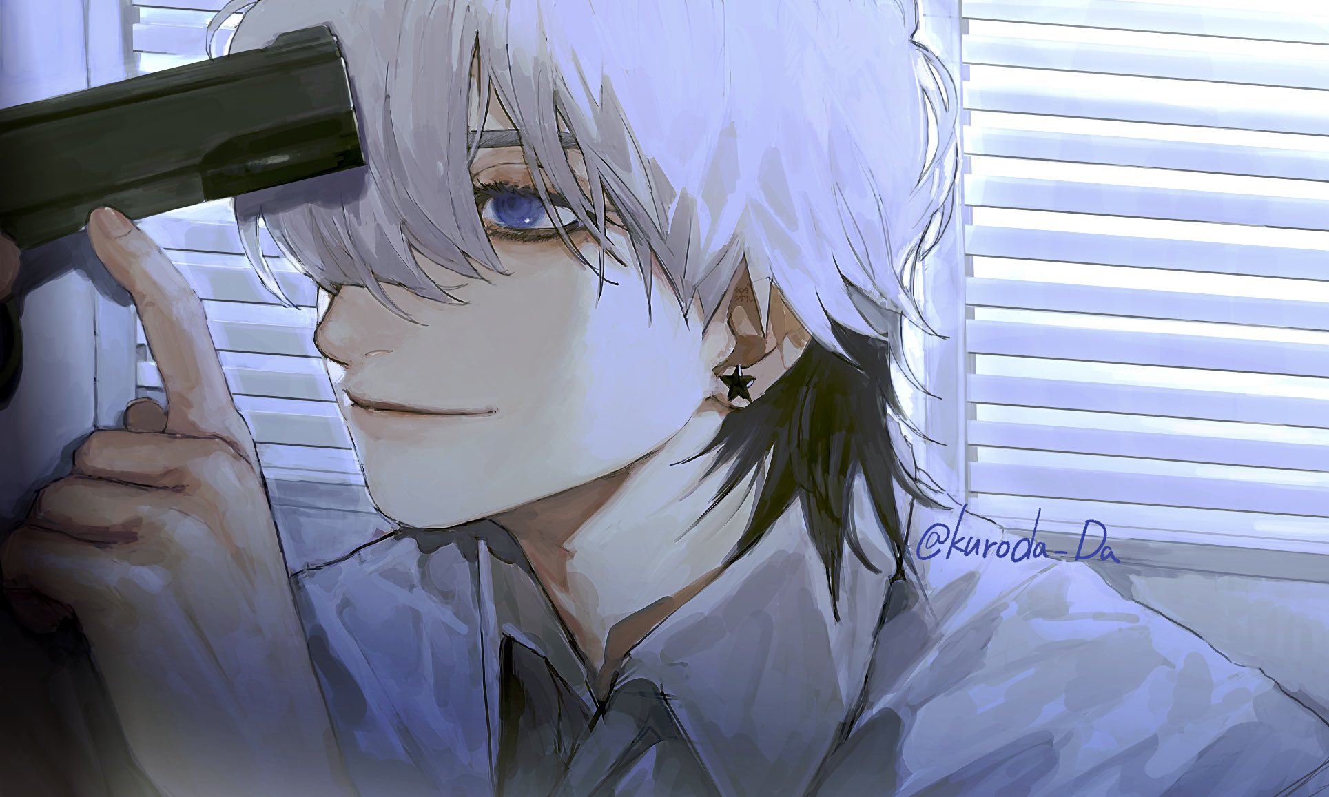 a portrait of a whitehaired anime male character with blue eyes. he is holding a gun to his head and is looking to the side with a smirk. the background is a window with blinds. he has a black star earring and is wearing a shirt with a collar.  the art style is digital and watercolorlike, with a soft and dreamy aesthetic.