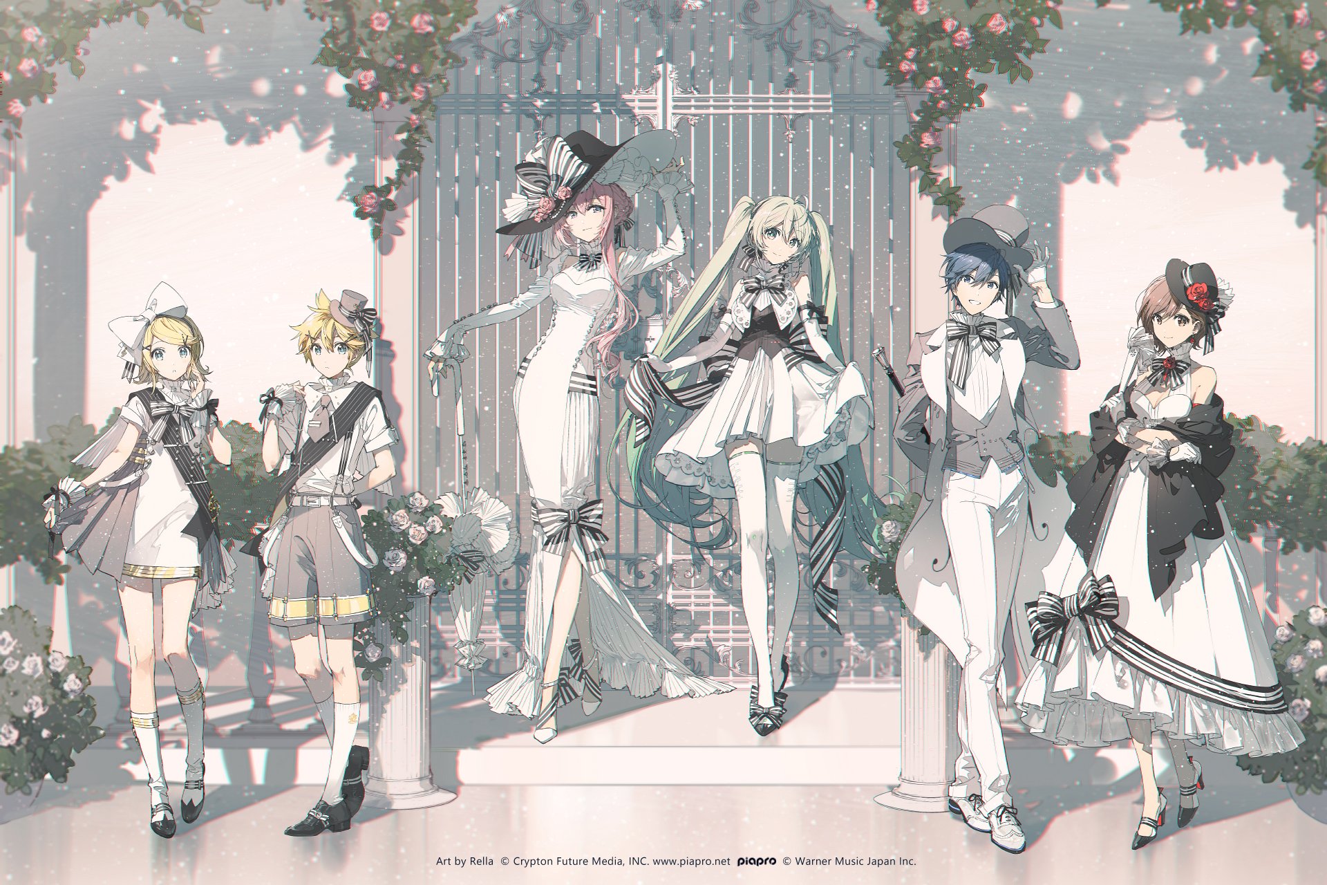 the image shows a group of six vocaloid characters, rin kagamine, len kagamine, luka megurine, hatsune miku, kaito shion, and meiko, standing in front of a gate adorned with flowers. they are all dressed in formal wear, with a black and white color scheme. luka is holding a parasol, and most of the characters are wearing hats. the background is soft and airy, with a pinkish hue.