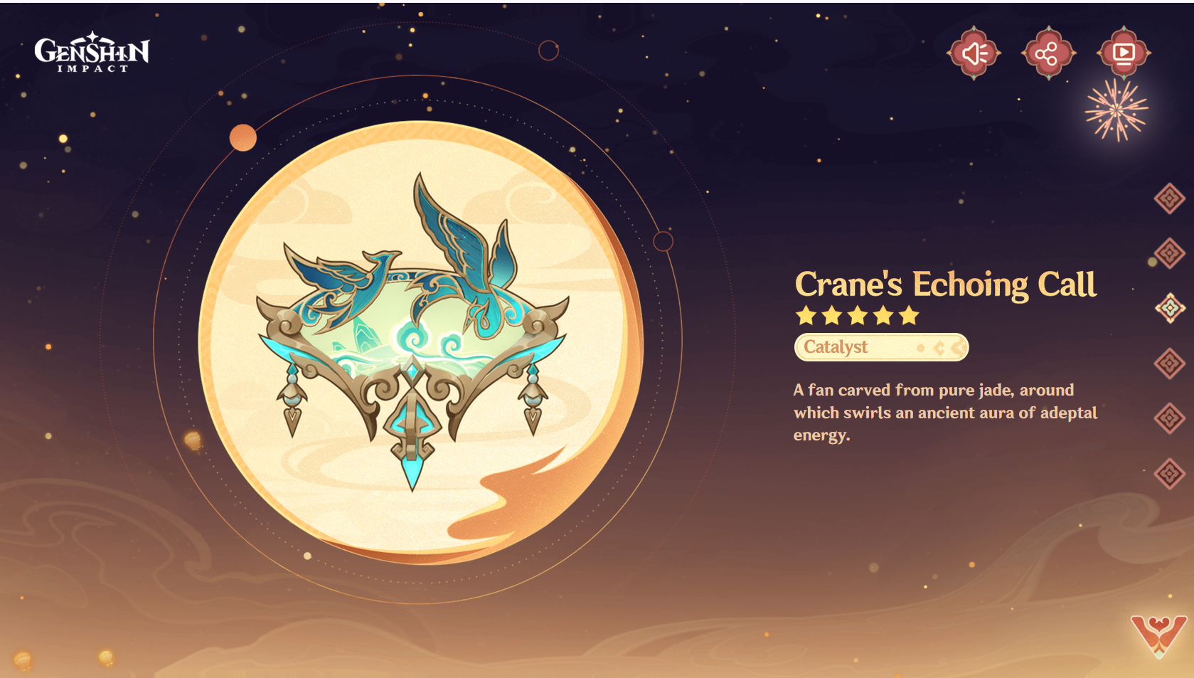 a promotional image for the 5star catalyst weapon "crane's echoing call" from the game genshin impact. the weapon, a jade fan with intricate carvings and glowing accents, is displayed prominently against a backdrop of a stylized moon. text provides the weapon's name, rarity, weapon type, and a brief description.