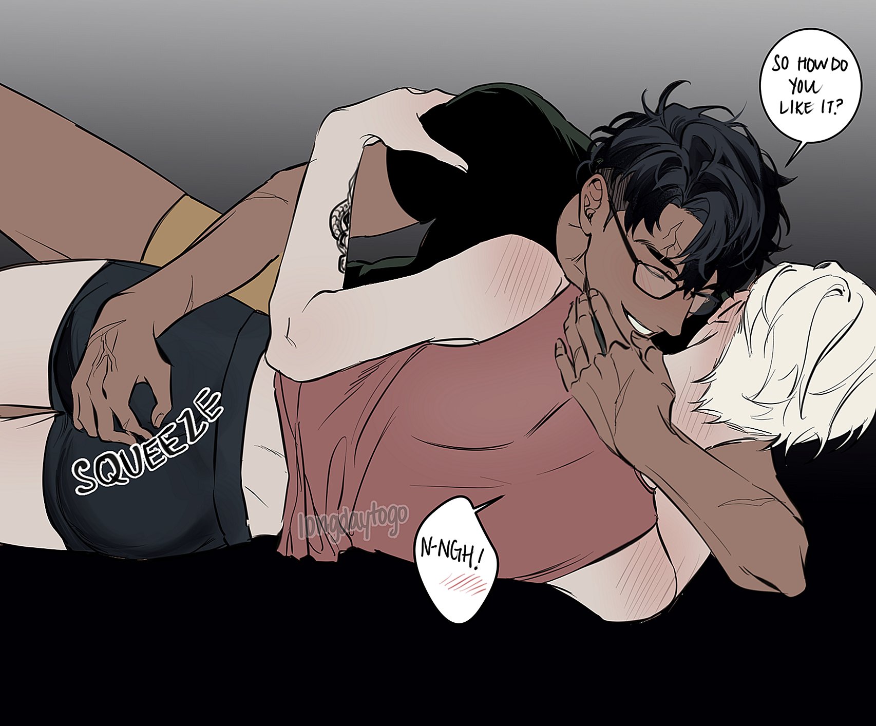 the image is a digitally drawn illustration in the style of manga or a graphic novel, depicting a close and intimate embrace between two men.  the man on top has dark hair, glasses, and darker skin; the bottom man has light, almost white hair and lighter skin.  they are tightly embraced, with the top man's hand on the bottom man's buttock, a detail highlighted with the word "squeeze" next to it. the scene is set against a dark background, giving a sensual and intimate feel.  a speech bubble indicates dialogue, with one man asking the other how they like the embrace.  the overall style suggests a romantic, possibly sensual or erotic, relationship between the two men, fitting within the yaoi (boys' love) genre.