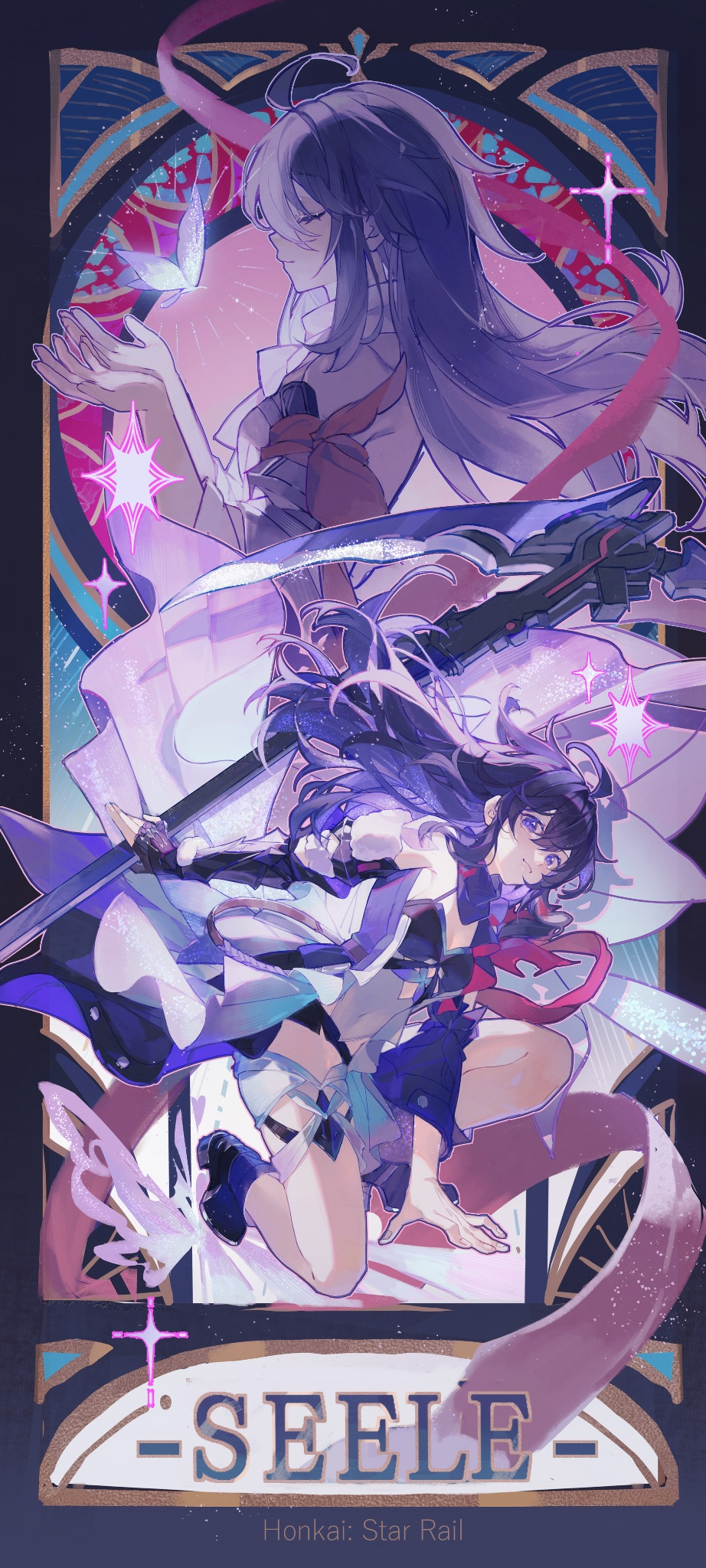 this is a stylized illustration of seele vollerei, a character from the video game honkai impact 3rd. it features two depictions of seele, one above the other, both rendered in a soft, dreamlike style. the upper seele appears ethereal and ghostly, while the lower seele is dynamic and ready for battle. the image is framed within a decorative, art nouveauinspired stained glass window, adding to its ornate and mystical feel.  the name "seele" is prominently displayed at the bottom of the image in a bold, gold font.