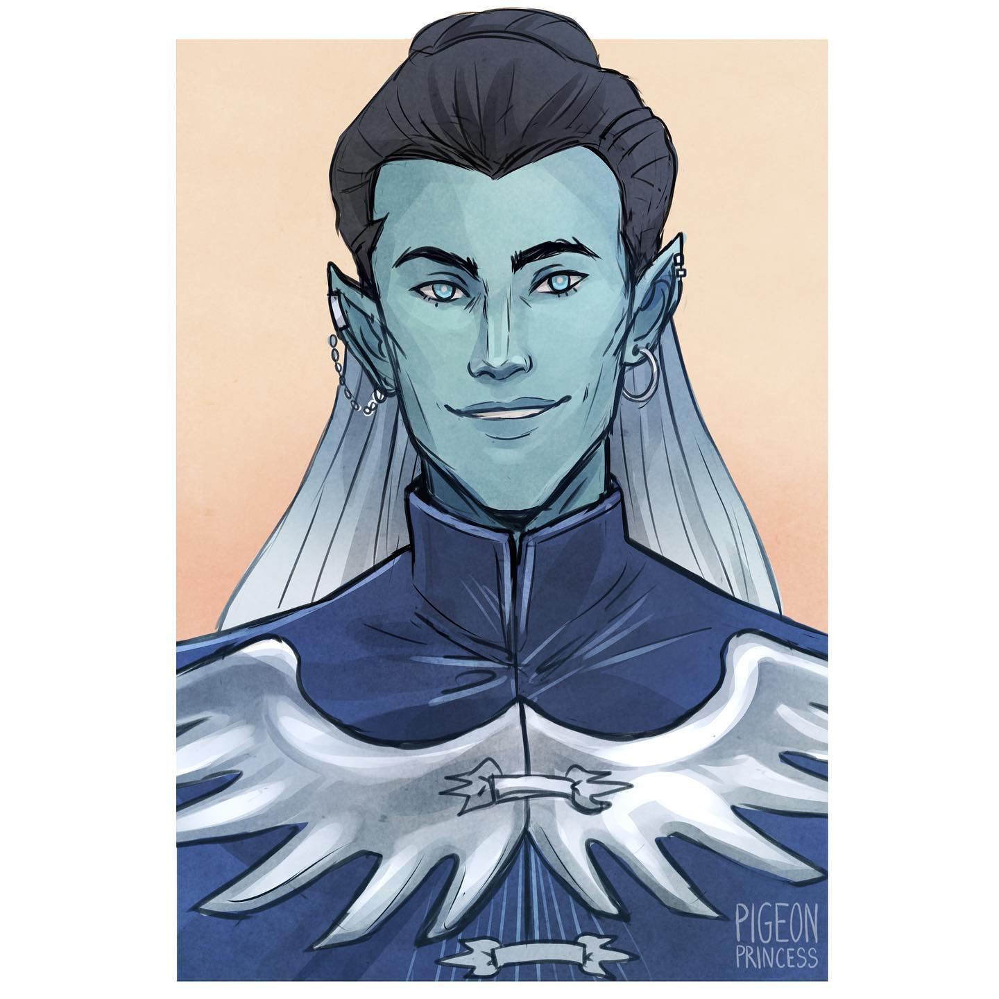 the image is a digital painting of a fantasy character, likely an elf, depicted in a formal weddinglike attire.  the character has pale blue skin, pointed ears, and dark hair styled in an updo. they're wearing a blue, elegant robe with a distinctive white, winglike adornment across the shoulders and chest.  a long, sheer white veil drapes down from their hair. the character also wears delicate earrings. their expression is serene and calm. the background is a soft peach or light orange, giving a warm, even glow to the artwork.  the artist's signature "pigeon princess" is visible in the bottom right corner. the overall style suggests a blend of fantasy and elegance.