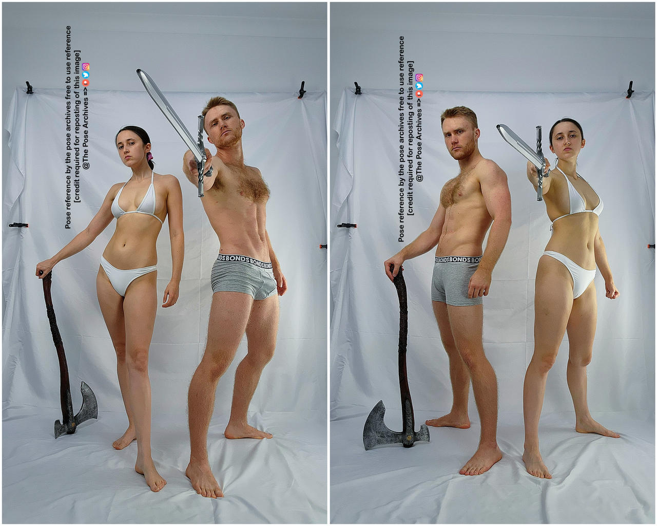 the image shows a male and female model in two slightly different poses.  they are both holding weapons  the man has a large axe, and the woman has a sword. they are both dressed in minimal clothing  underwear for the man and a bikini for the woman  suitable for use as art reference. the background is plain white, typical of a photography studio.