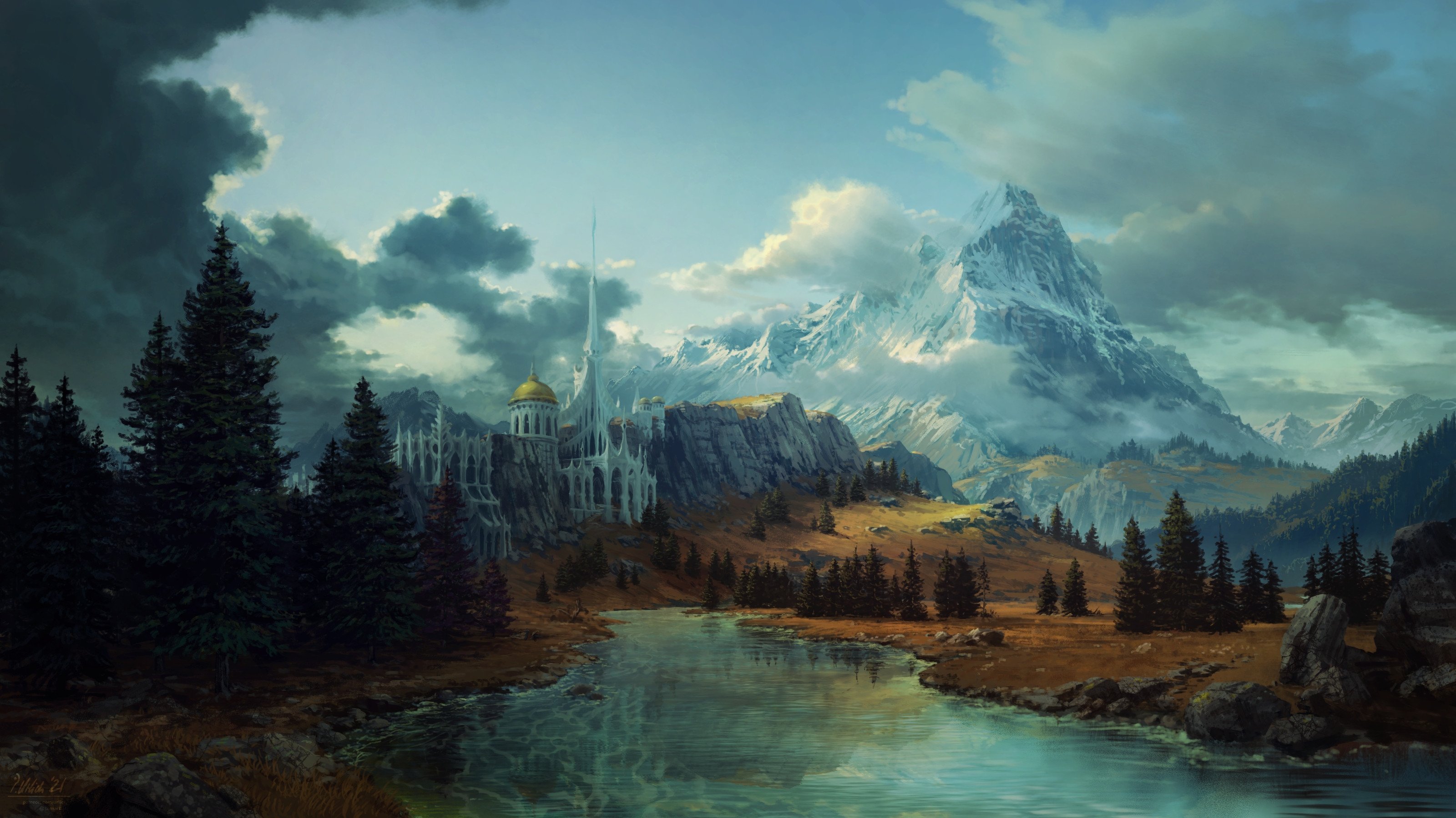 the image is a digital painting depicting a fantasy landscape.  a majestic, snowcapped mountain range dominates the background, partially shrouded in clouds. in the middle ground, a river flows gently through a valley with autumnalcolored grasses and evergreen trees. nestled at the foot of the mountains is a large, white castle with a golden dome and a tall, pointed spire. the castle displays elements of gothic architecture. the sky is dramatic, with dark and light clouds, creating a sense of depth and atmosphere. the overall style is reminiscent of classic fantasy art, evoking a sense of peace and magic.  the scene is highly detailed and beautifully rendered, with a focus on light and shadow to create a threedimensional effect.