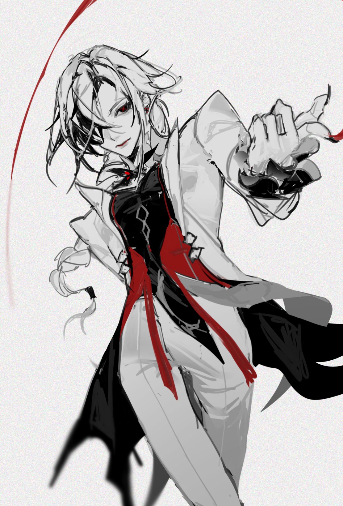 a black and white drawing of an anime character with long white hair, wearing a white coat, and a black and red corset. the character has one hand raised in front of her, as if she is holding a sword, and the other hand is tucked behind her. the drawing is done in a manga style, with bold lines and shading.