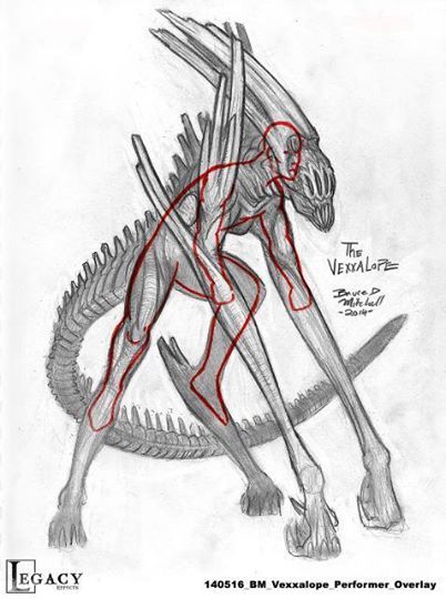 this is a detailed pencil sketch of an alien creature, with a long tail, elongated limbs, and a strange, elongated head with a large mouth. the sketch appears to be a concept design for a fictional creature, possibly for a science fiction film or video game.  there are red lines on the drawing, possibly indicating anatomy or muscle structure.