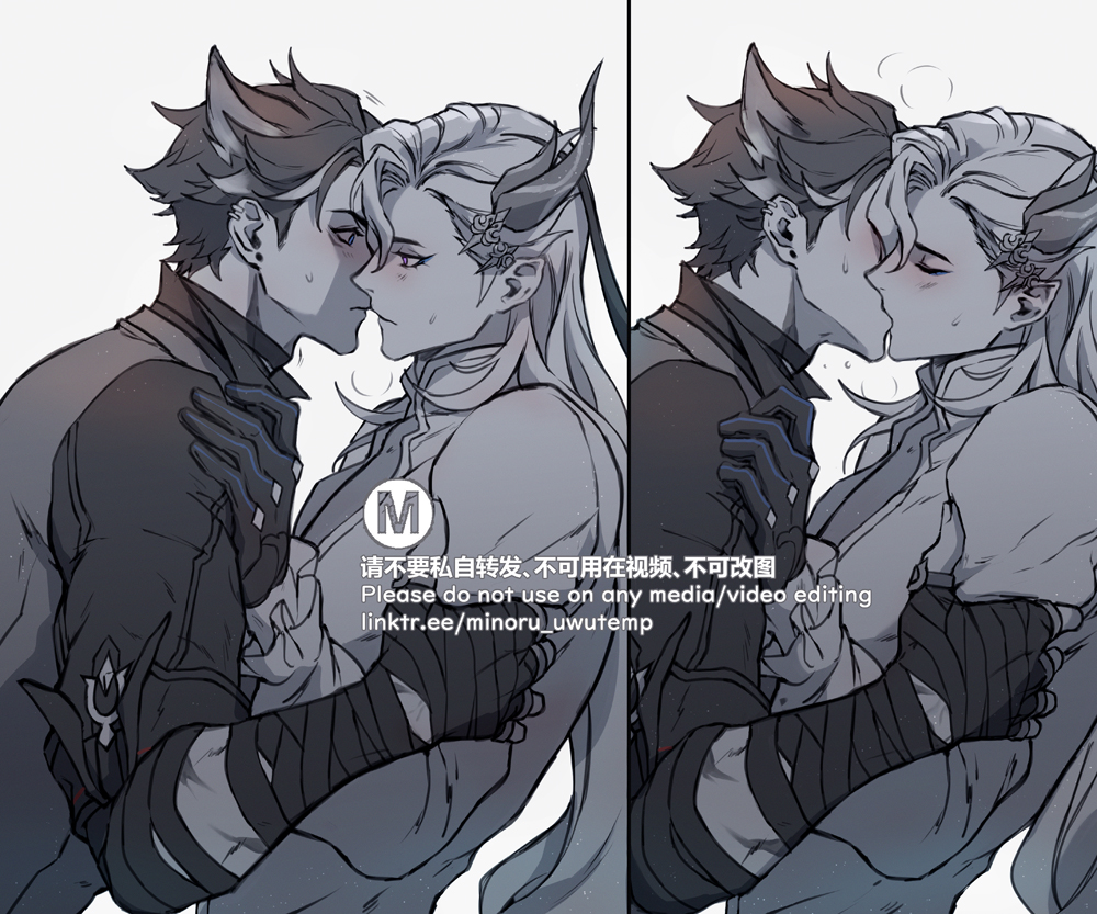 the image is a drawing of two anime characters, one with black hair and horns and the other with white hair and horns. the two characters are shown kissing each other, the one with white hair is wearing a white shirt and the one with black hair is wearing a black shirt and a black jacket. both have intricate wings, the one with white hair has white wings and the one with black hair has black wings. the drawing is done in a soft style with a light background.