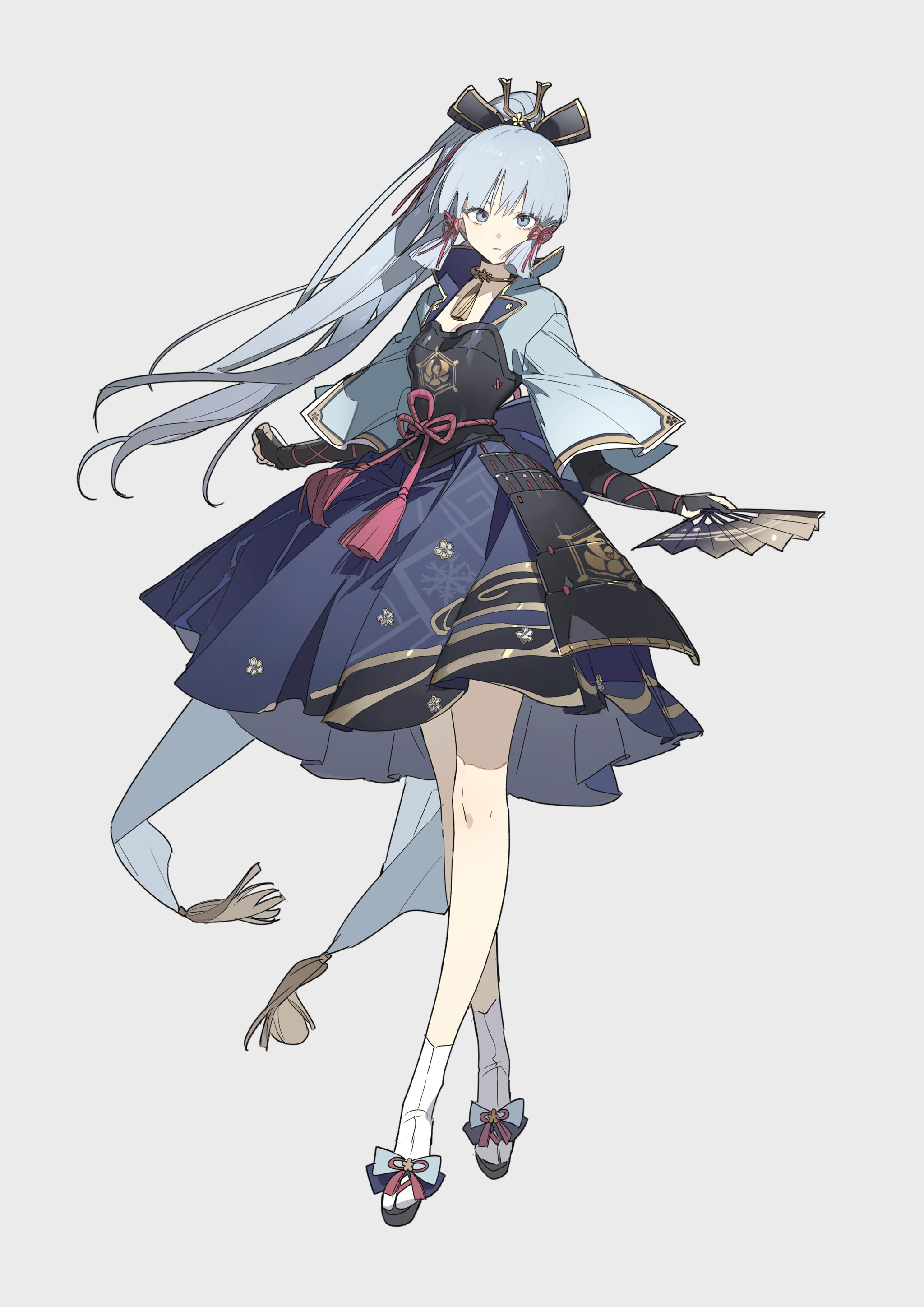 the image shows a fullbody depiction of ayaka kamisato from genshin impact, an animestyle character. she has long, flowing white hair and blue eyes. she is wearing a dark blue dress with intricate patterns and a red ribbon tied around her waist, with red tassels hanging down. over her dress is a lighter blue kimonostyle top with wide sleeves. she is holding a fan in her right hand. she is also wearing white socks and black shoes with blue and red ribbons. she is adorned with a hair ornament on top of her head.