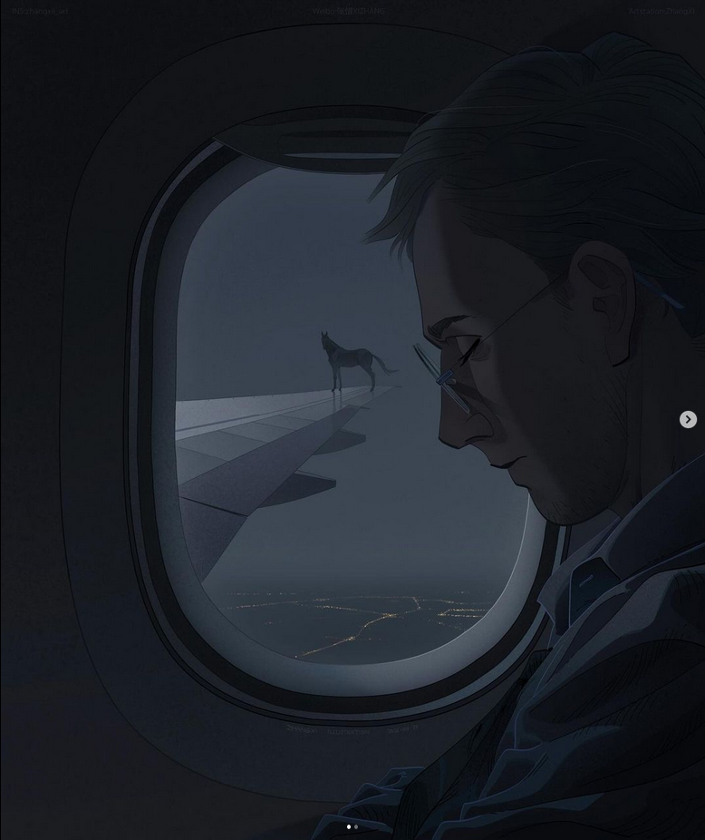 a man looks out the window of an airplane at a dog silhouetted against the night lights of a distant city. the man is alone in the dark interior of the plane, watching the dog on the wing as it walks toward the city.