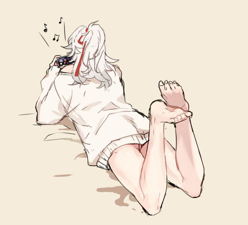 the image is a drawing of an anime girl lying on her stomach. she has long white hair with a red ribbon. she is wearing a white sweater and her legs are bent up behind her. she is smiling and looks happy. the image is drawn in a soft and cute style.