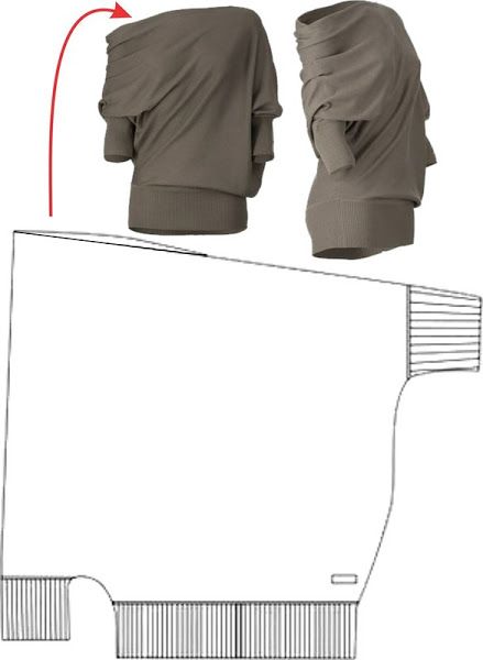 the image shows a topdown view of a garment (sweater or top) along with its sewing pattern. the garment has an asymmetrical, offtheshoulder design with draped fabric on one side. it appears to be made of a ribbed knit fabric at the cuffs and hem. an arrow suggests how the pattern translates into the finished garment.