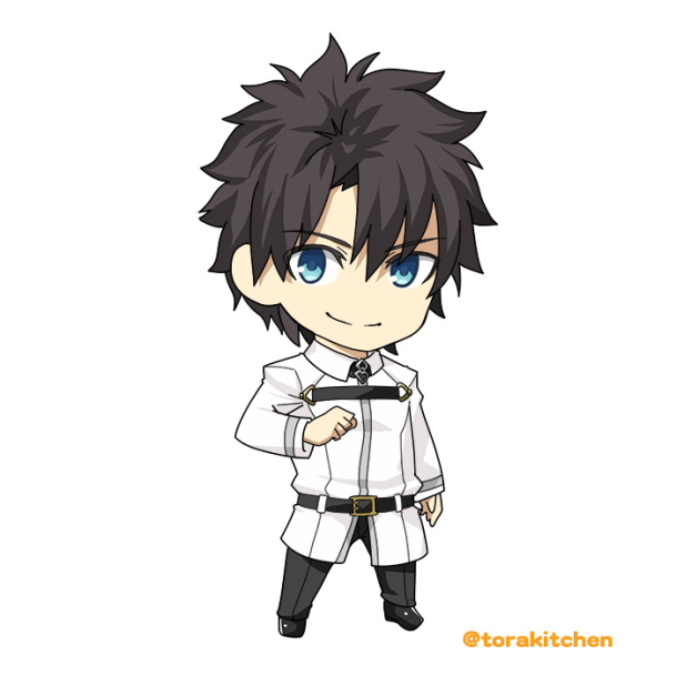 the image shows a chibistyle drawing of a young man with spiky black hair and striking blue eyes. he's dressed in a stylish, predominantly white outfit consisting of a collared shirt, a long coat with silver accents, and matching pants. he strikes a confident pose, hand resting on his hip,  against a plain white background.  the art style is clean and expressive, characteristic of anime and manga.