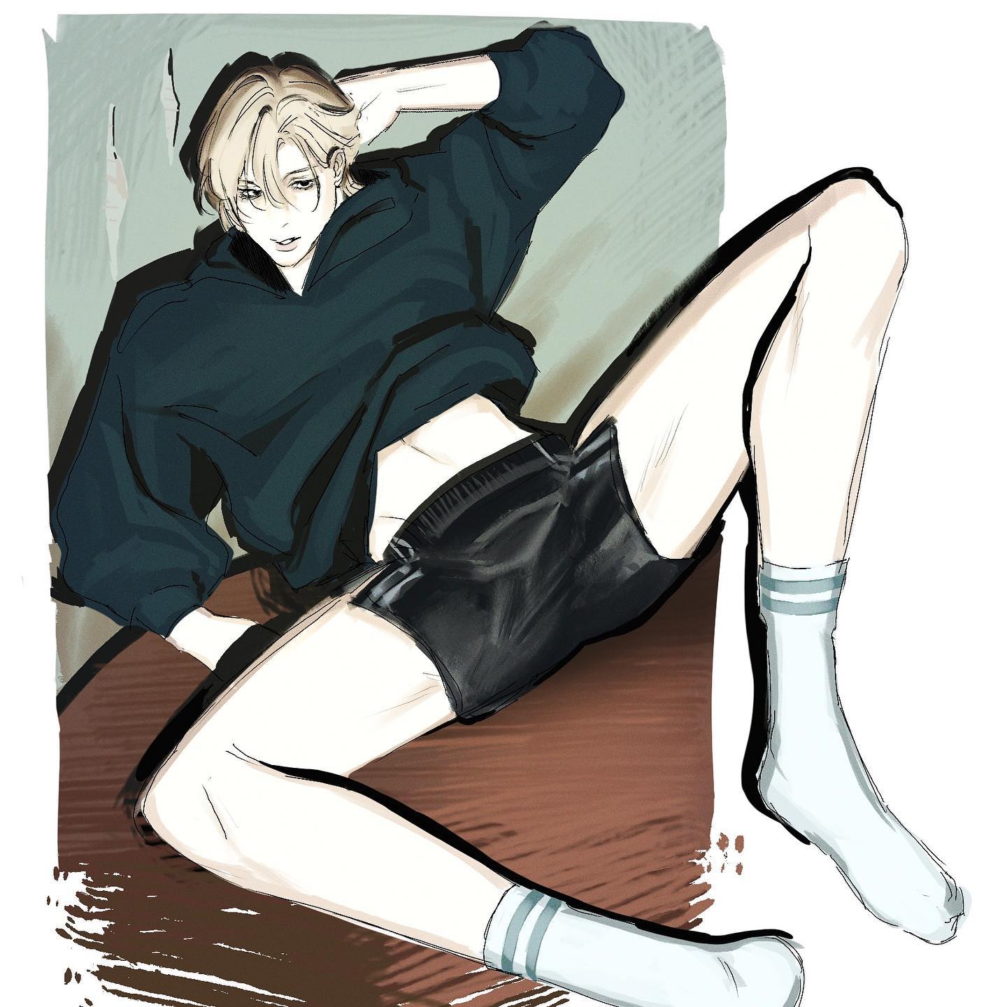this is an illustration of a young anime boy. he is sitting on the floor, leaning on his arm, with his legs spread out. he is wearing a green hoodie, black shorts, and white socks with green stripes. he has blonde hair and dark eyes. the background is white.