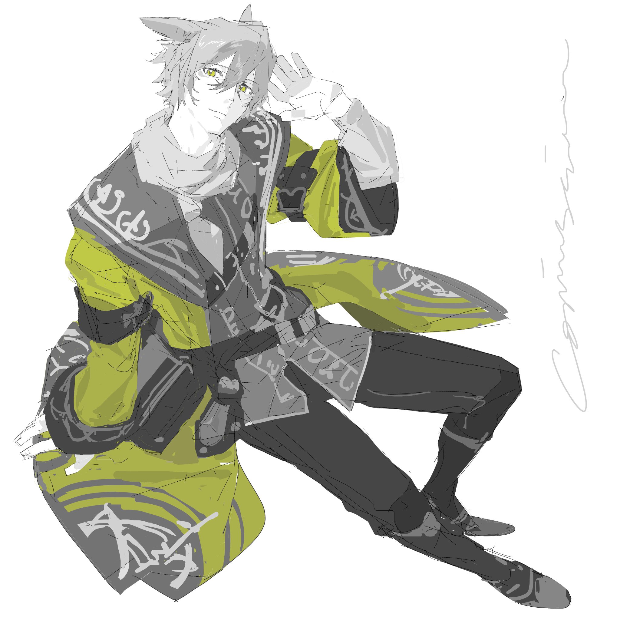 this is a digital art piece of a male anime character with wolf ears. he is wearing a yellow coat and black pants, with a white background. he has a green and black color scheme with an overall sketch style.